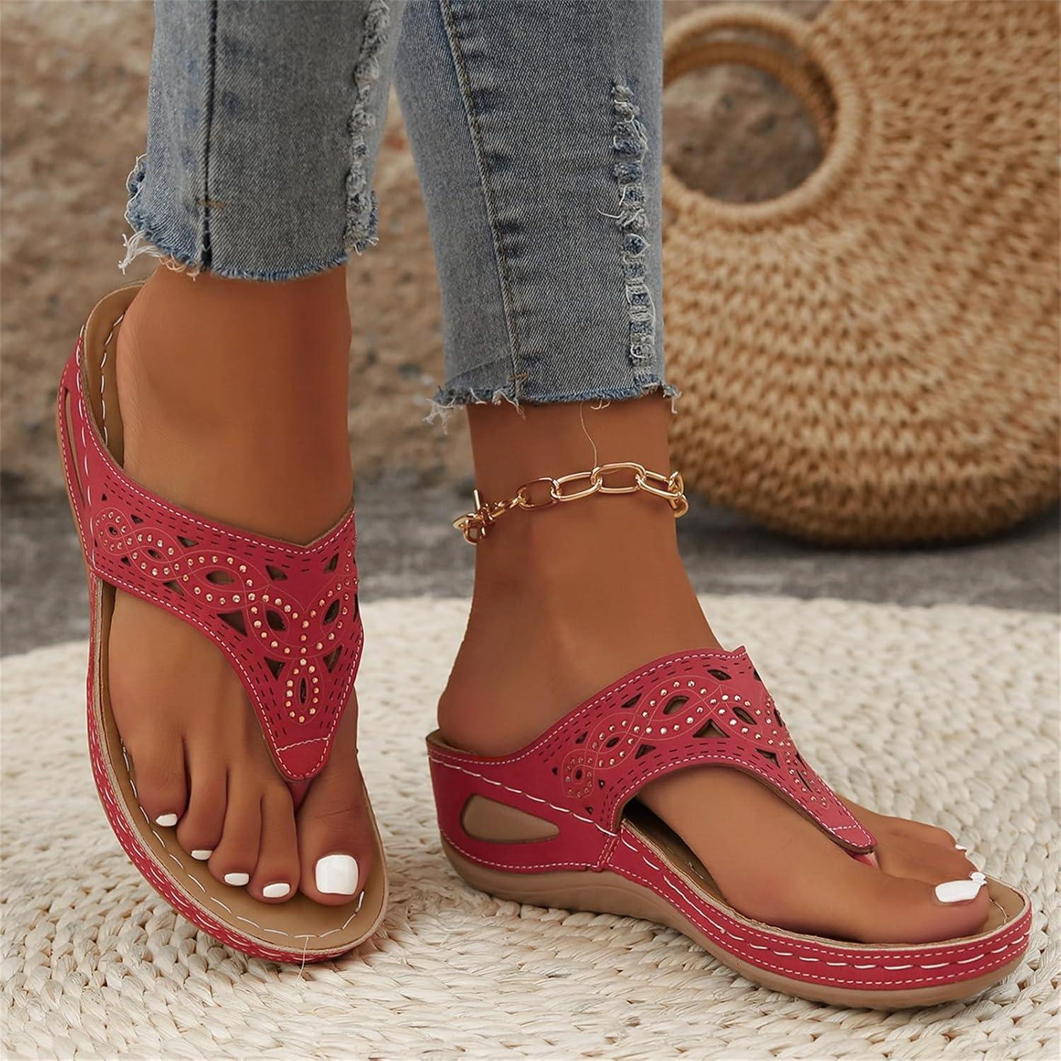image:imageSandales orteils en cuir pour femme Chaussures de plage pour femme Chaussures compenses schage rapide Sandales compenses respirantes Semelle compense Soutien de la vote plantaireRouge