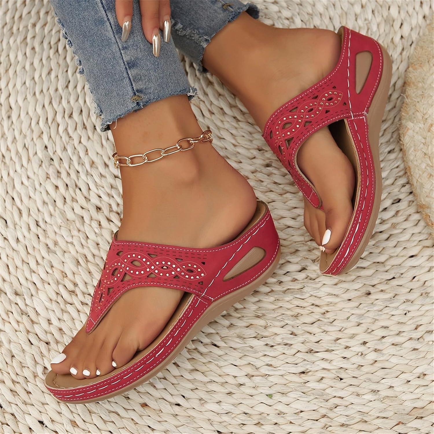 image:imageSandales orteils en cuir pour femme Chaussures de plage pour femme Chaussures compenses schage rapide Sandales compenses respirantes Semelle compense Soutien de la vote plantaireRouge