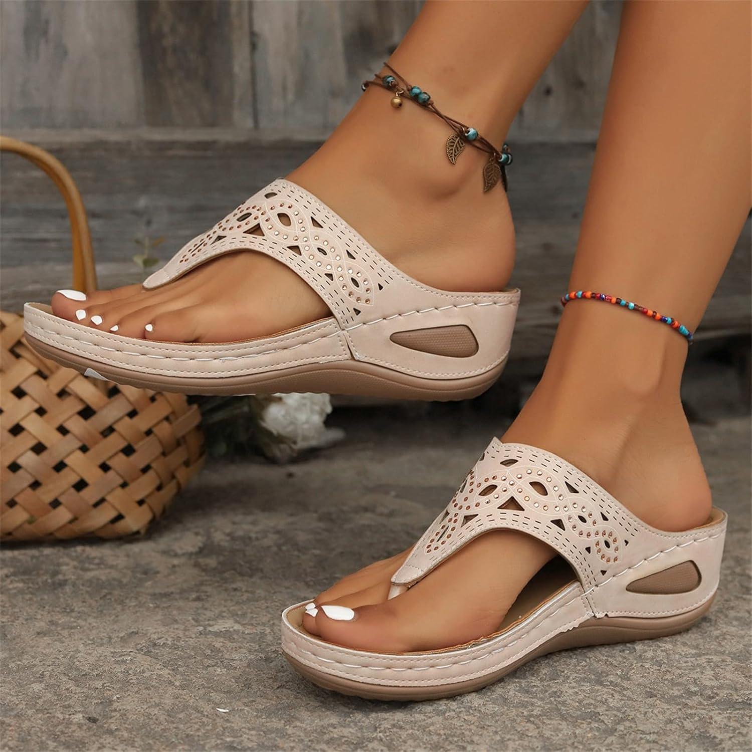 image:imageSandales orteils en cuir pour femme Chaussures de plage pour femme Chaussures compenses schage rapide Sandales compenses respirantes Semelle compense Soutien de la vote plantaireBeige