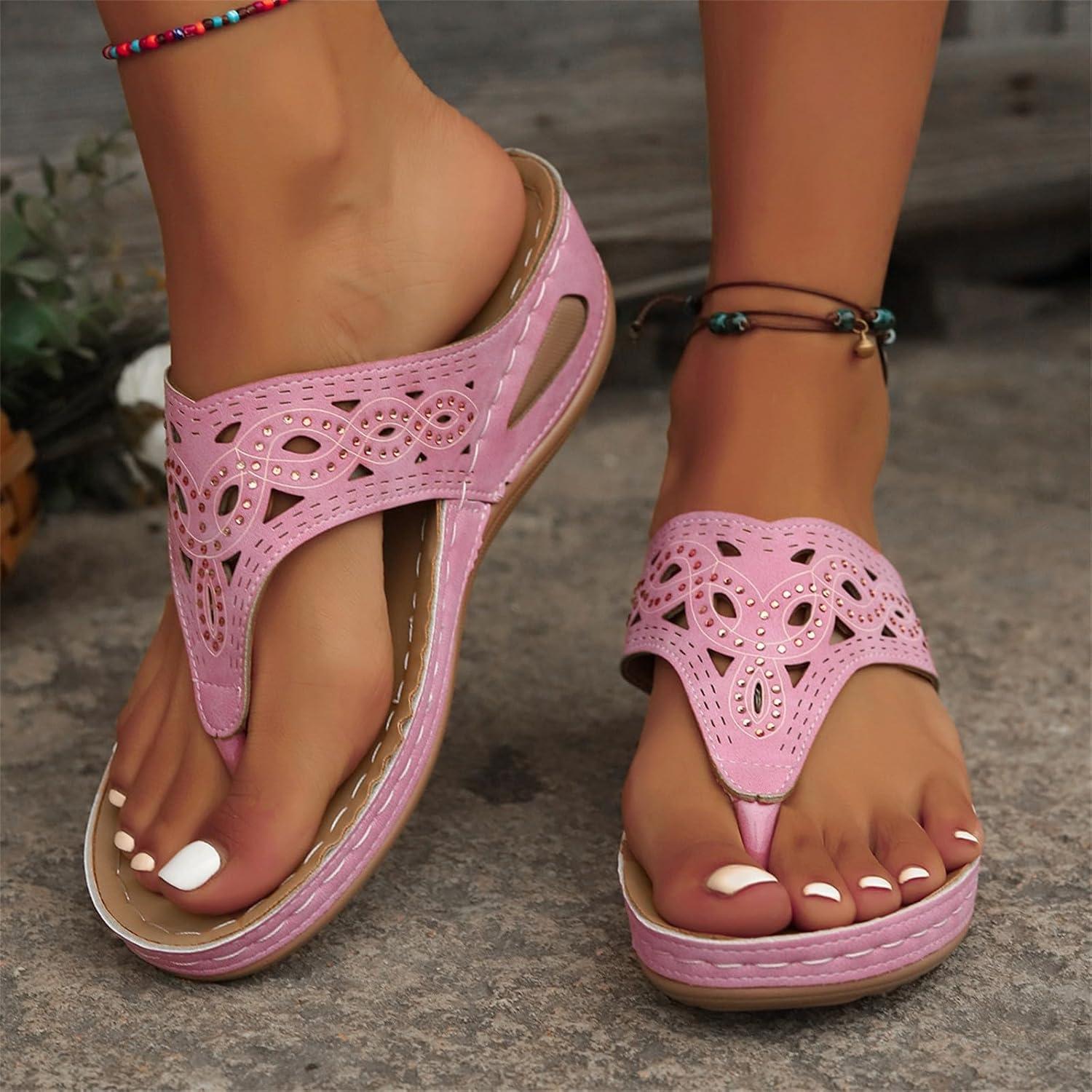 image:imageSandales orteils en cuir pour femme Chaussures de plage pour femme Chaussures compenses schage rapide Sandales compenses respirantes Semelle compense Soutien de la vote plantaireRose