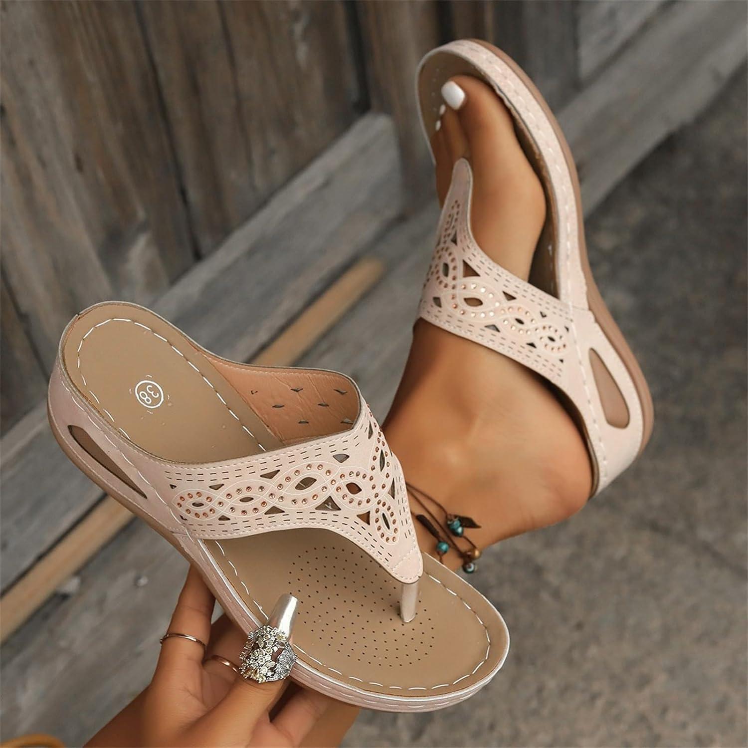 image:imageSandales orteils en cuir pour femme Chaussures de plage pour femme Chaussures compenses schage rapide Sandales compenses respirantes Semelle compense Soutien de la vote plantaireBeige