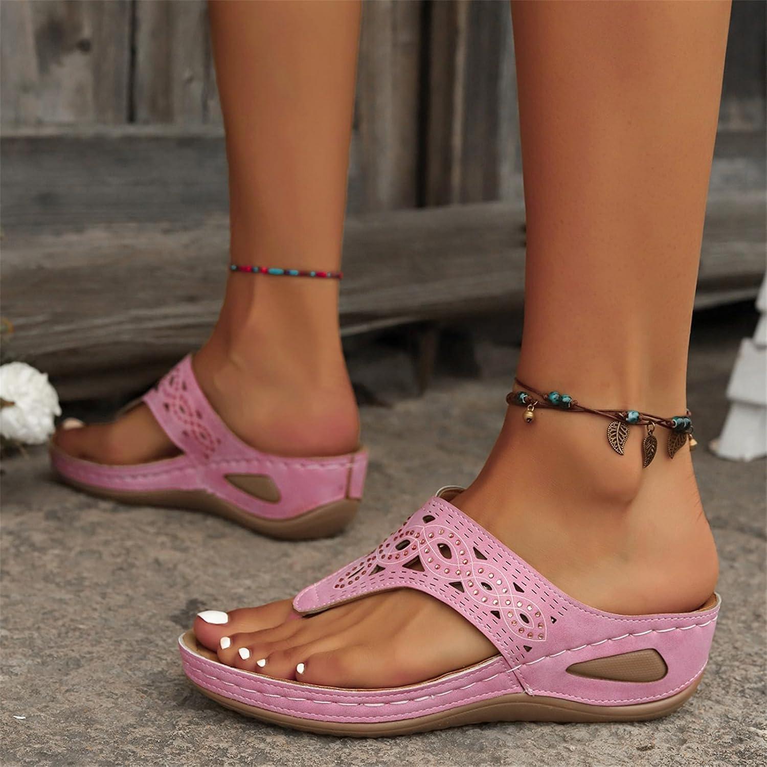 image:imageSandales orteils en cuir pour femme Chaussures de plage pour femme Chaussures compenses schage rapide Sandales compenses respirantes Semelle compense Soutien de la vote plantaireRose