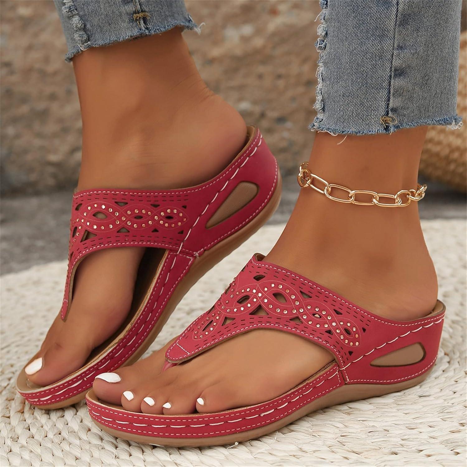 image:imageSandales orteils en cuir pour femme Chaussures de plage pour femme Chaussures compenses schage rapide Sandales compenses respirantes Semelle compense Soutien de la vote plantaireRouge