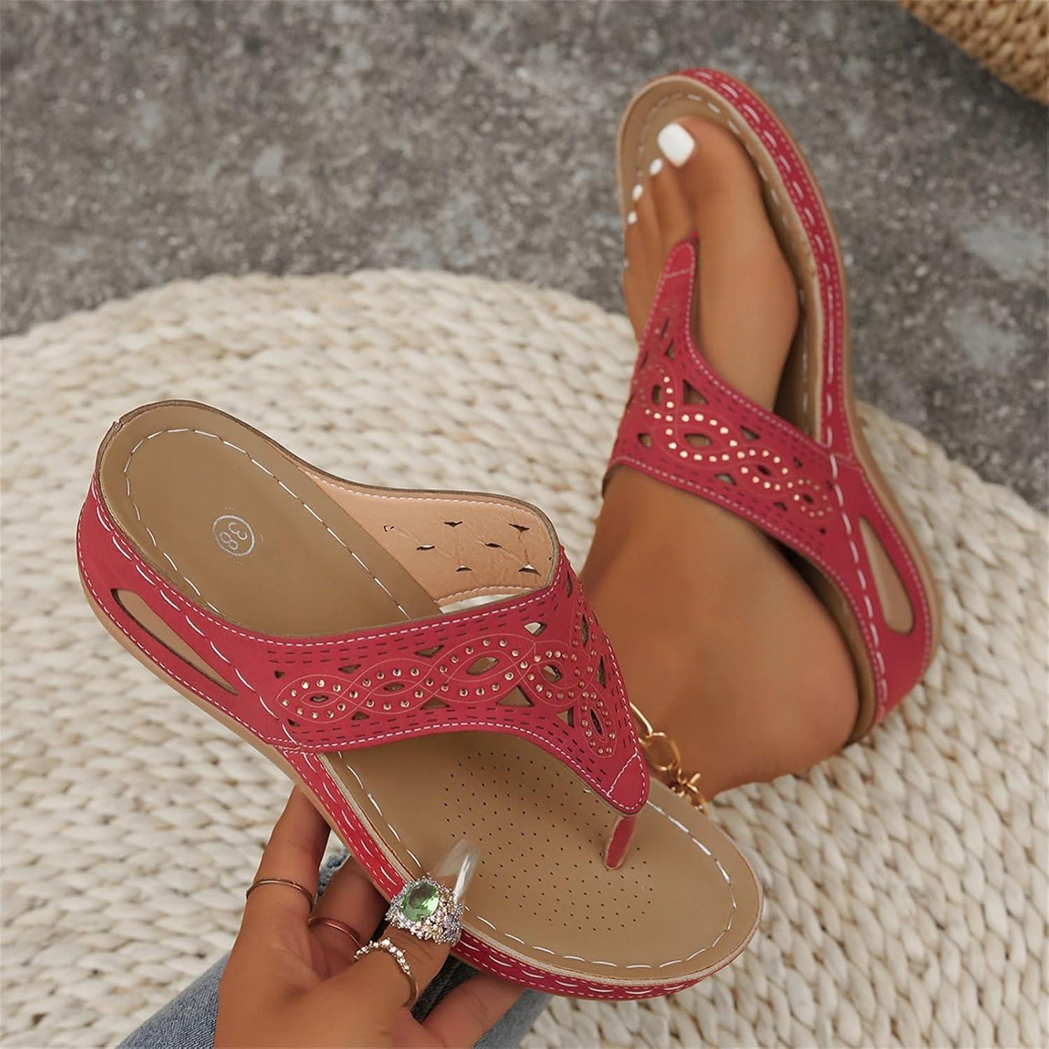 image:imageSandales orteils en cuir pour femme Chaussures de plage pour femme Chaussures compenses schage rapide Sandales compenses respirantes Semelle compense Soutien de la vote plantaireRouge