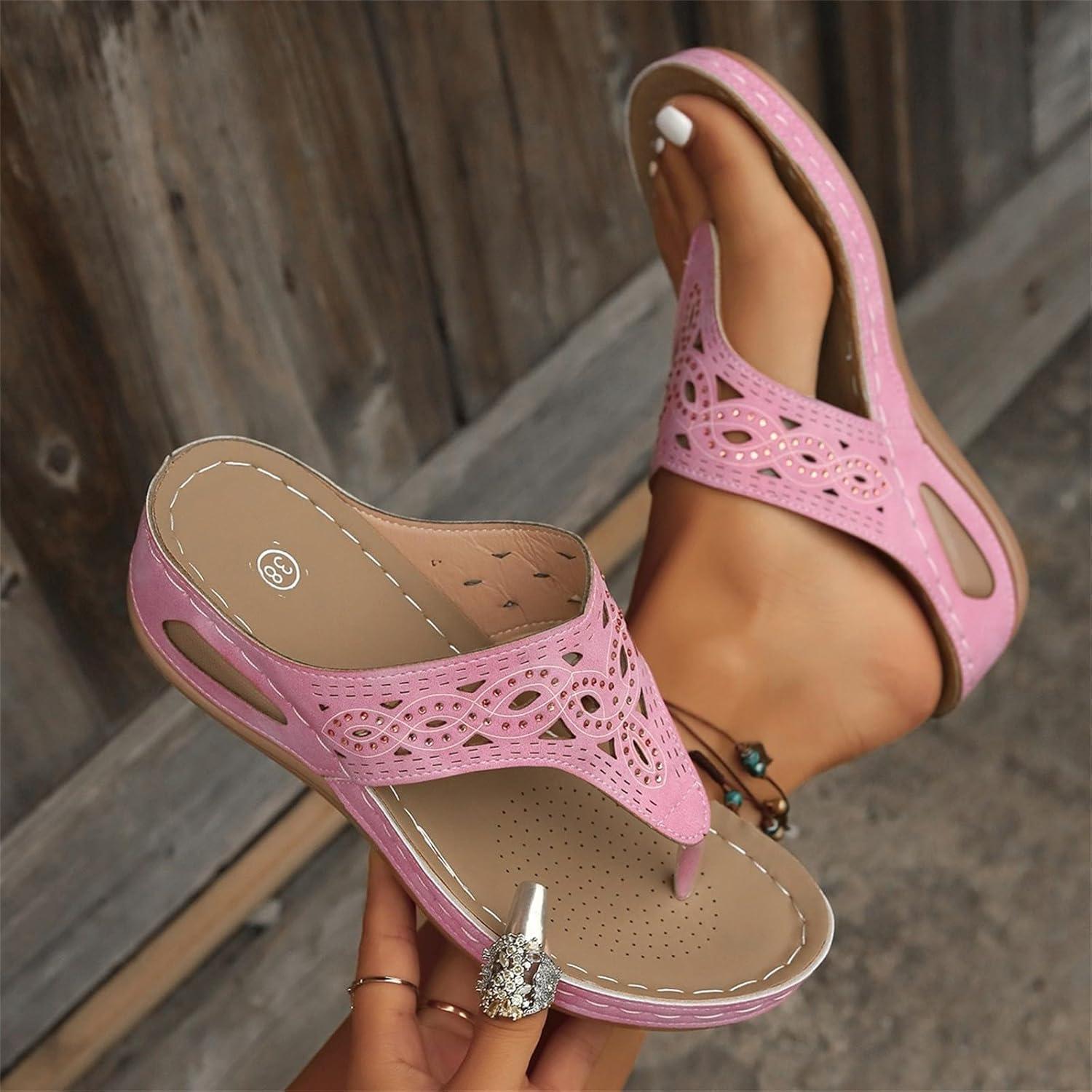 image:imageSandales orteils en cuir pour femme Chaussures de plage pour femme Chaussures compenses schage rapide Sandales compenses respirantes Semelle compense Soutien de la vote plantaireRose