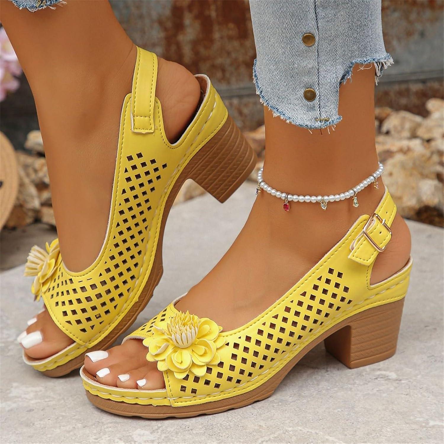 image:imageSandales talons pour femmes Escarpins talon compens pour femmes confortables sandales dcoupes bout ouvert sandales bout ouvert petit talon sandales dcontractes boucles rglablesJaune