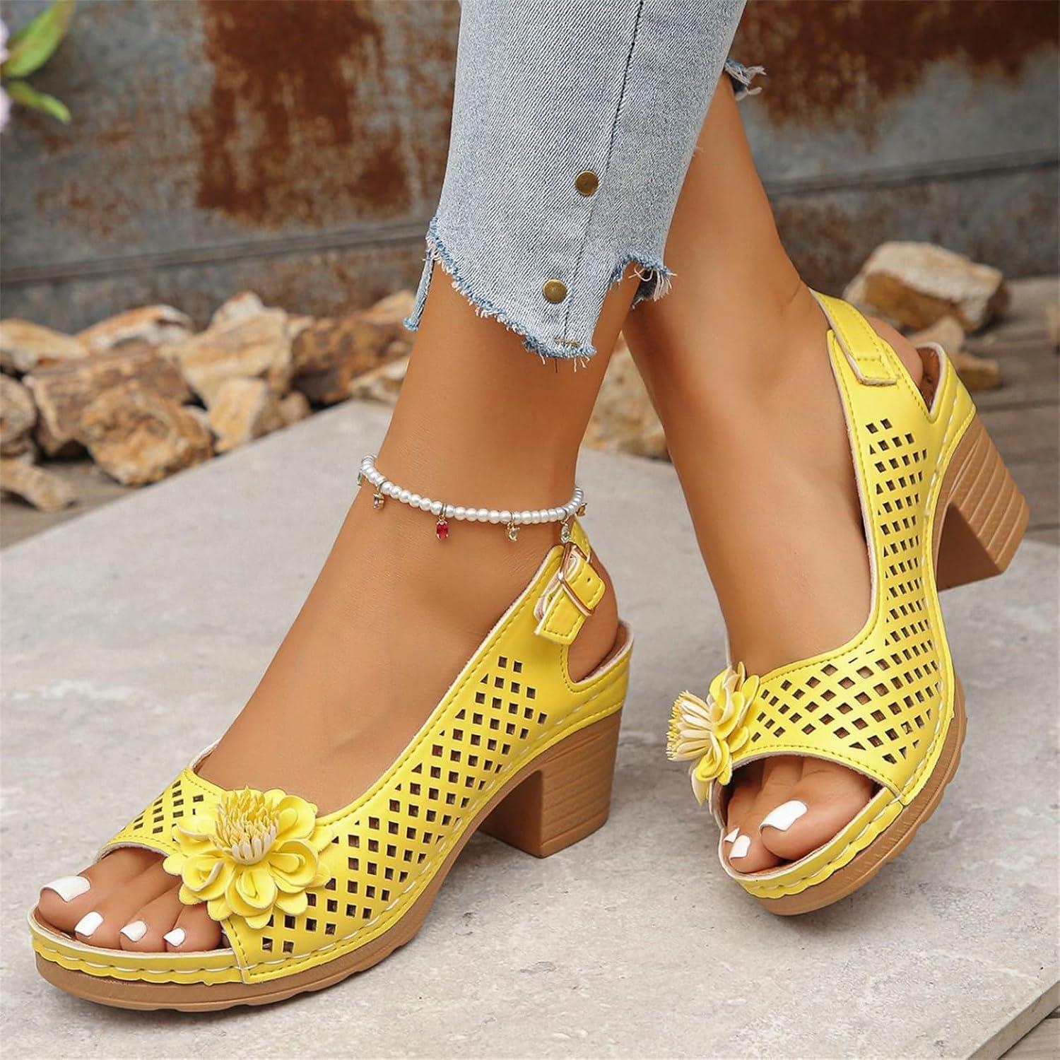 image:imageSandales talons pour femmes Escarpins talon compens pour femmes confortables sandales dcoupes bout ouvert sandales bout ouvert petit talon sandales dcontractes boucles rglablesJaune