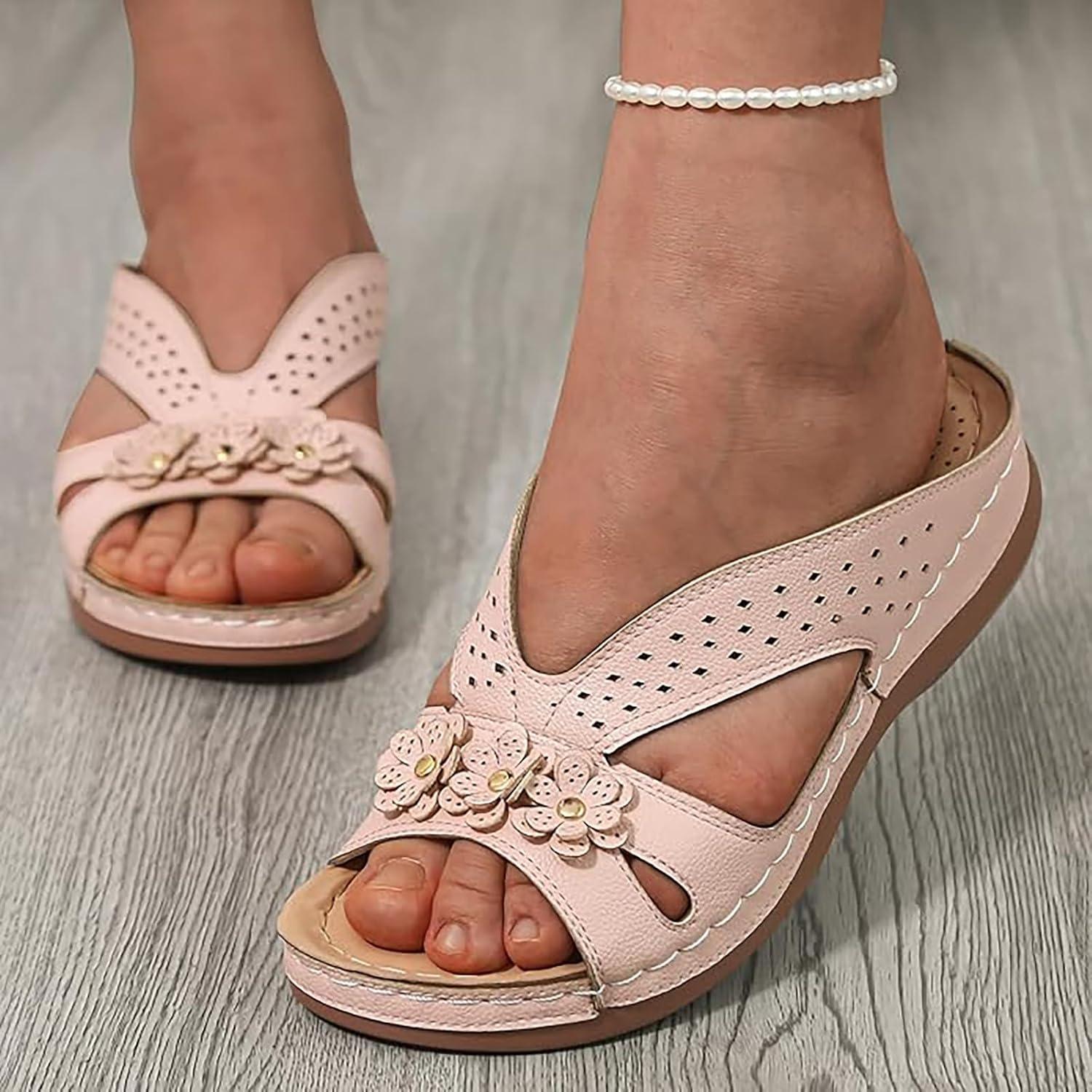 image:imageSandales Et Mules Pour Femmes t Mode Chaussure Compenses Bout Ouvert Sandales Claquettes Orthopdique AntiDrapant Chaussures De Plage Plateforme Mules Chaussons Respirantes PantouflesPink