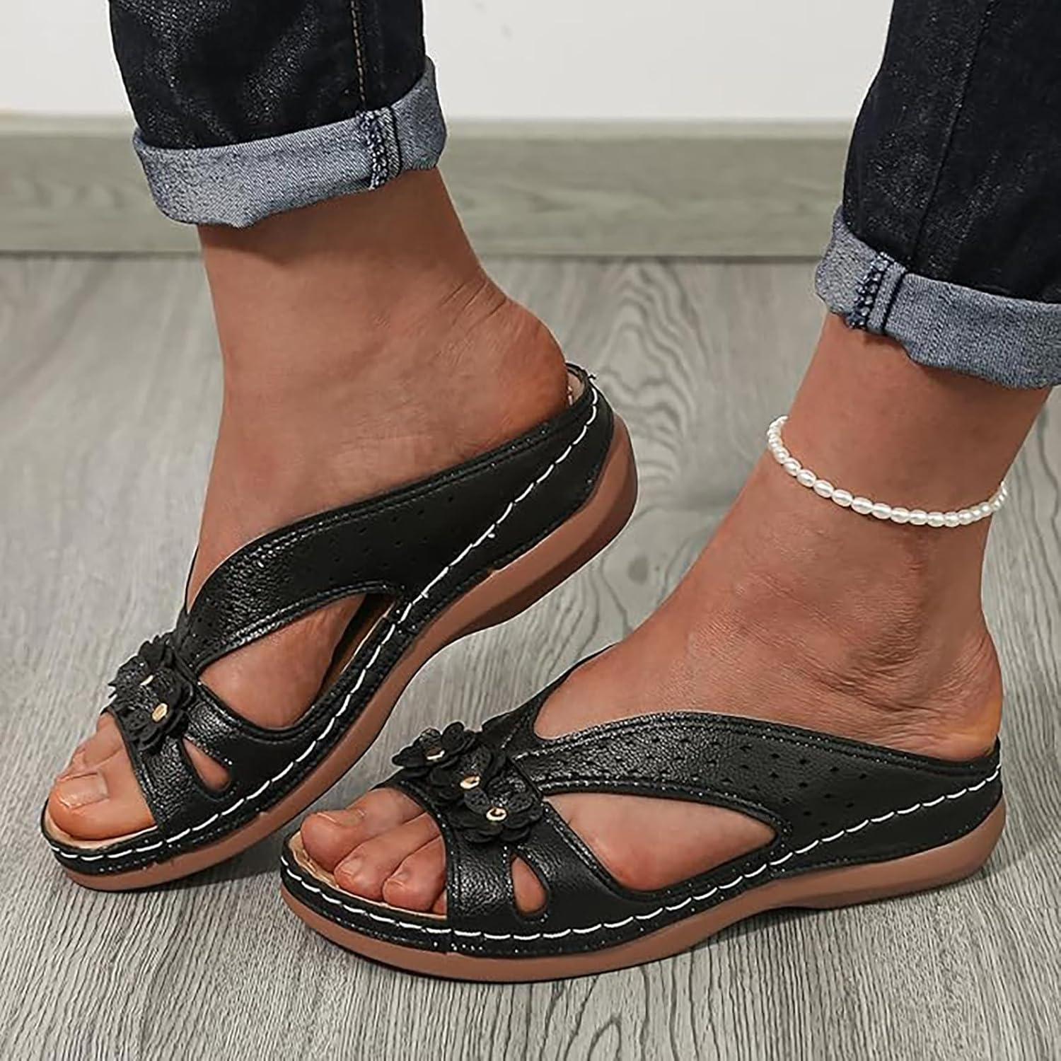 image:imageSandales Et Mules Pour Femmes t Mode Chaussure Compenses Bout Ouvert Sandales Claquettes Orthopdique AntiDrapant Chaussures De Plage Plateforme Mules Chaussons Respirantes PantouflesNoir