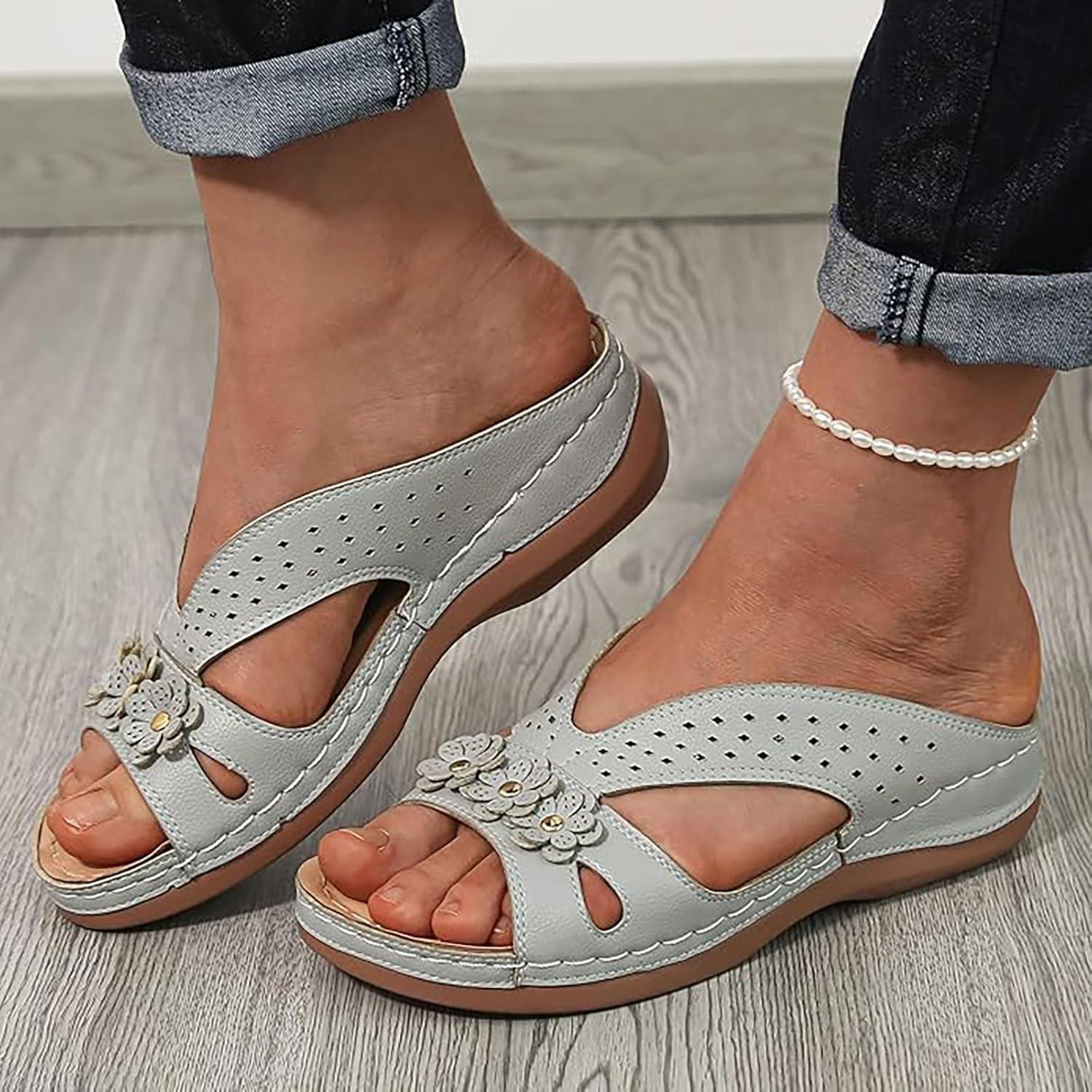 image:imageSandales Et Mules Pour Femmes t Mode Chaussure Compenses Bout Ouvert Sandales Claquettes Orthopdique AntiDrapant Chaussures De Plage Plateforme Mules Chaussons Respirantes PantouflesGris
