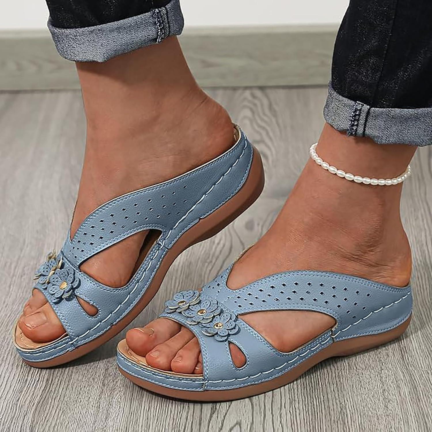 image:imageSandales Et Mules Pour Femmes t Mode Chaussure Compenses Bout Ouvert Sandales Claquettes Orthopdique AntiDrapant Chaussures De Plage Plateforme Mules Chaussons Respirantes PantouflesBlue
