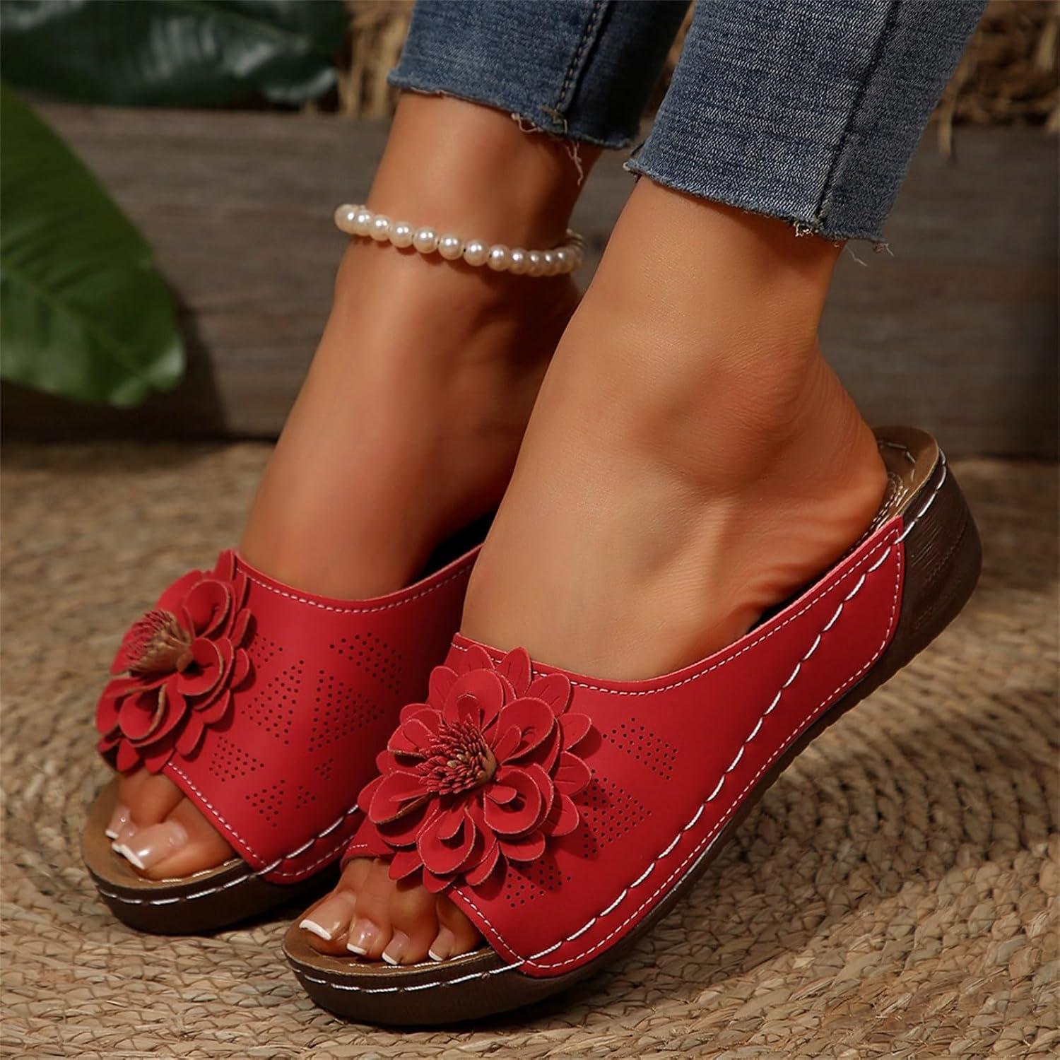 image:imageSandales Et Mules Pour Femmes t Mode Chaussure Compenses Bout Ouvert Sandales Claquettes Orthopdique AntiDrapant Chaussures De Plage Plateforme Mules Chaussons Respirantes PantouflesZ7 Red