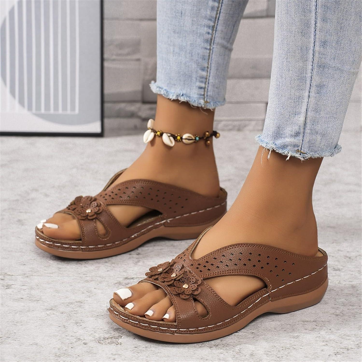 image:imageSandales Et Mules Pour Femmes t Mode Chaussure Compenses Bout Ouvert Sandales Claquettes Orthopdique AntiDrapant Chaussures De Plage Plateforme Mules Chaussons Respirantes PantouflesZ2 Brown