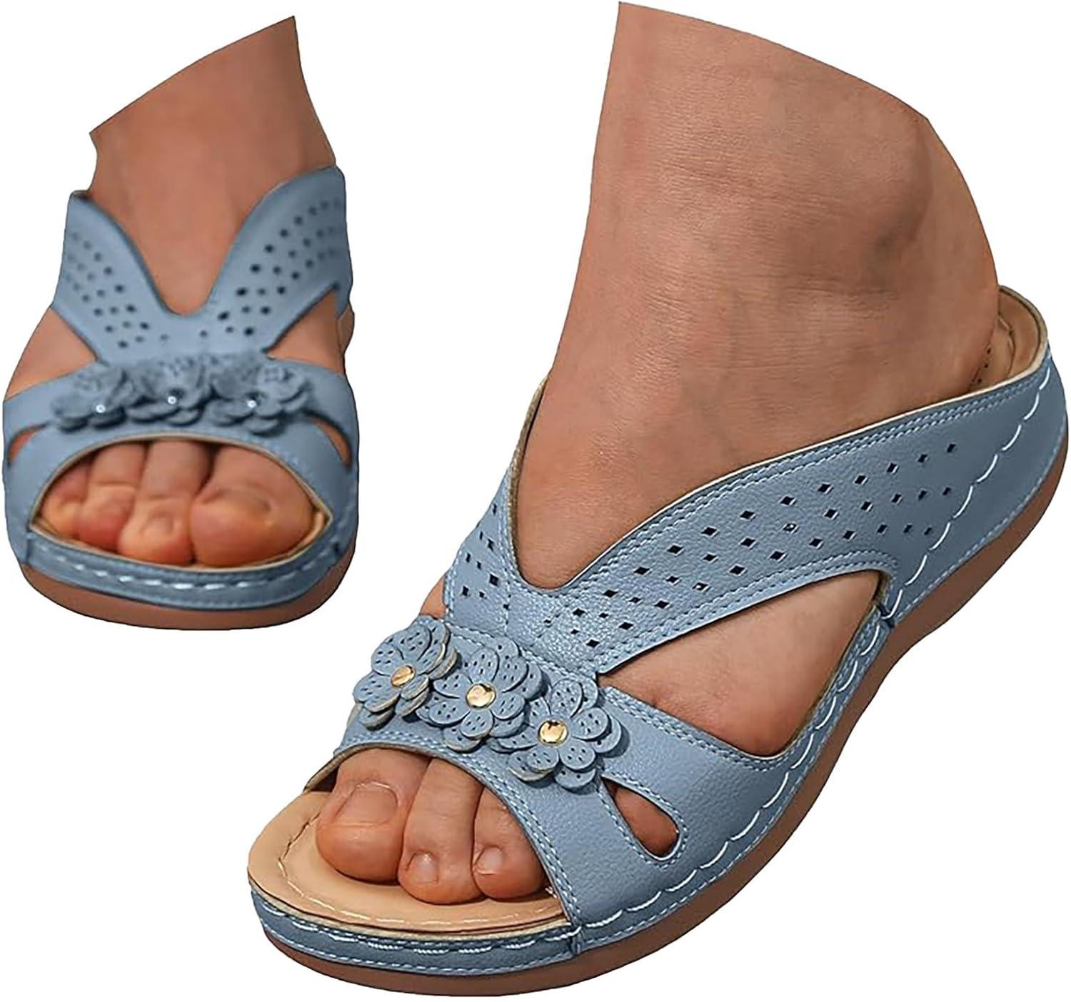 image:imageSandales Et Mules Pour Femmes t Mode Chaussure Compenses Bout Ouvert Sandales Claquettes Orthopdique AntiDrapant Chaussures De Plage Plateforme Mules Chaussons Respirantes PantouflesBlue