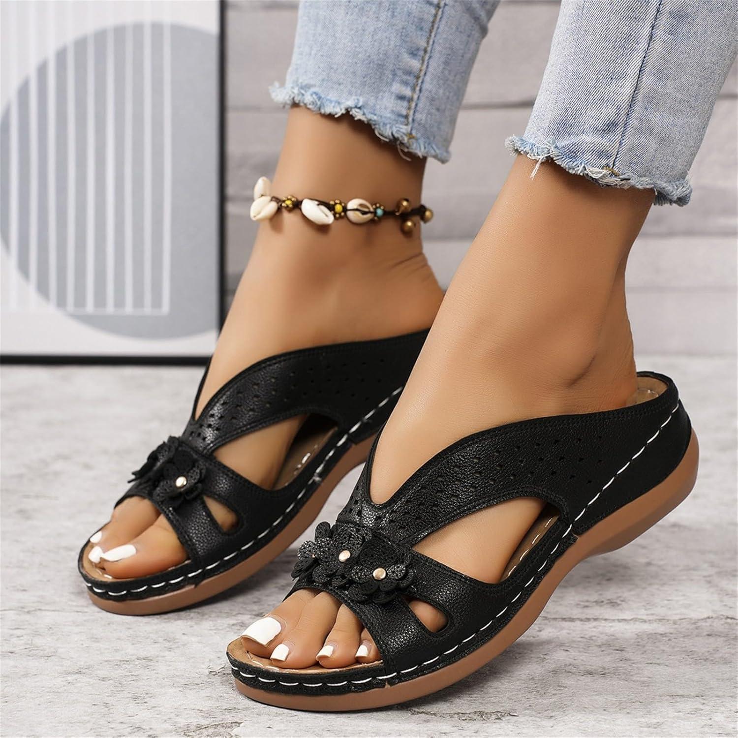 image:imageSandales Et Mules Pour Femmes t Mode Chaussure Compenses Bout Ouvert Sandales Claquettes Orthopdique AntiDrapant Chaussures De Plage Plateforme Mules Chaussons Respirantes PantouflesZ2 Black