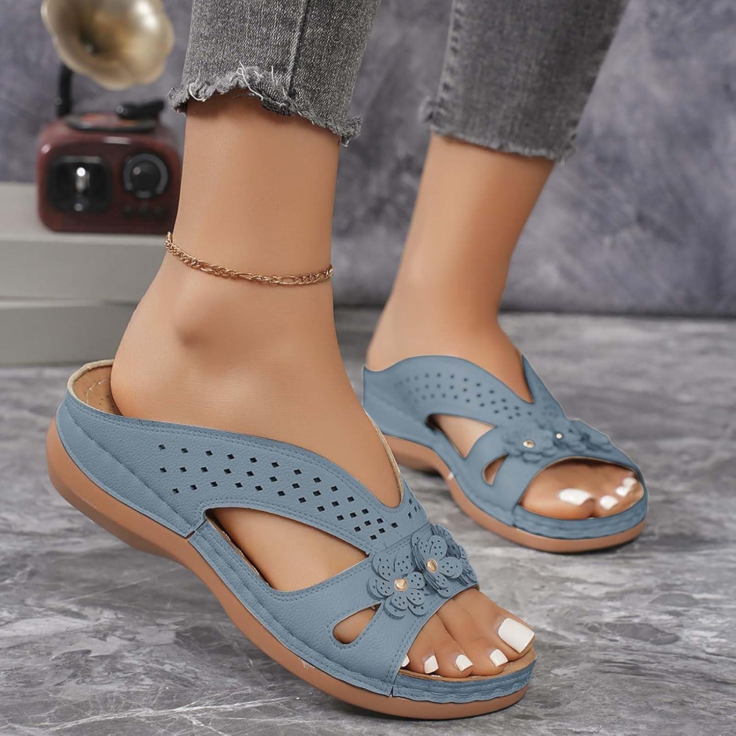 image:imageSandales Et Mules Pour Femmes t Mode Chaussure Compenses Bout Ouvert Sandales Claquettes Orthopdique AntiDrapant Chaussures De Plage Plateforme Mules Chaussons Respirantes PantouflesZ2 Blue