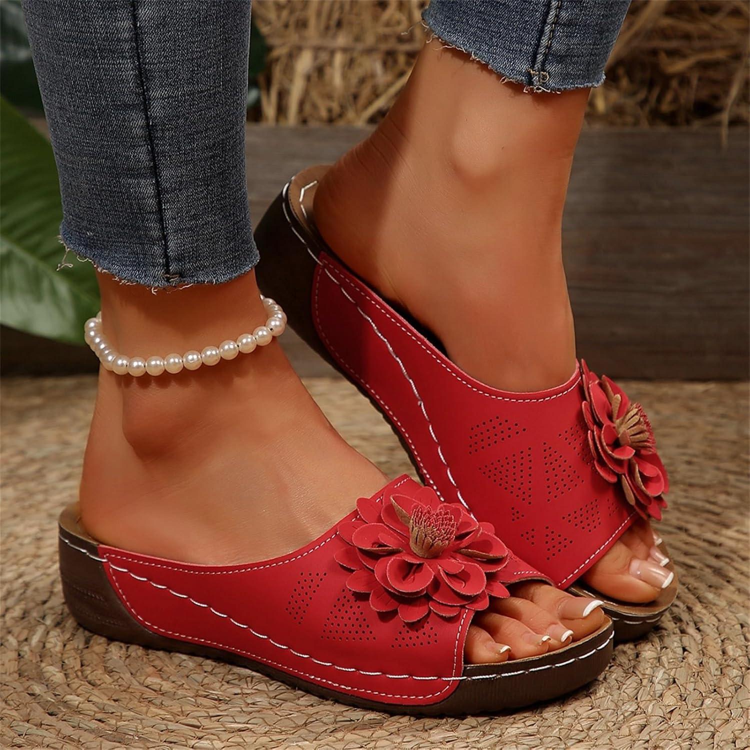 image:imageSandales Et Mules Pour Femmes t Mode Chaussure Compenses Bout Ouvert Sandales Claquettes Orthopdique AntiDrapant Chaussures De Plage Plateforme Mules Chaussons Respirantes PantouflesZ7 Red