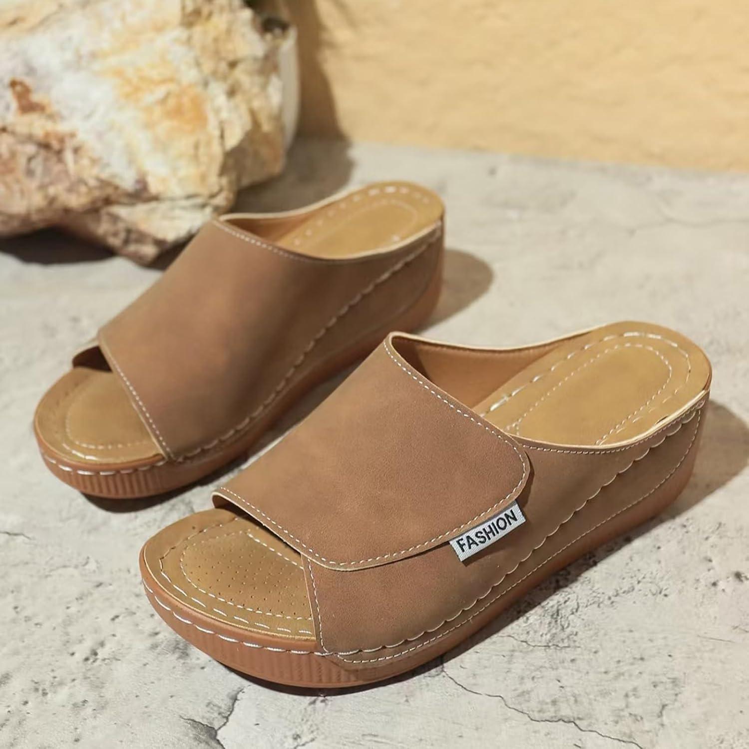 image:imageSandales Femme t Compenses Chic Orthopdique AntiDrapant Chaussure Chaussons Bout Ouvert Pantoufles Plateforme Chaussures De Plage Claquettes Lger MulesY3 Brown