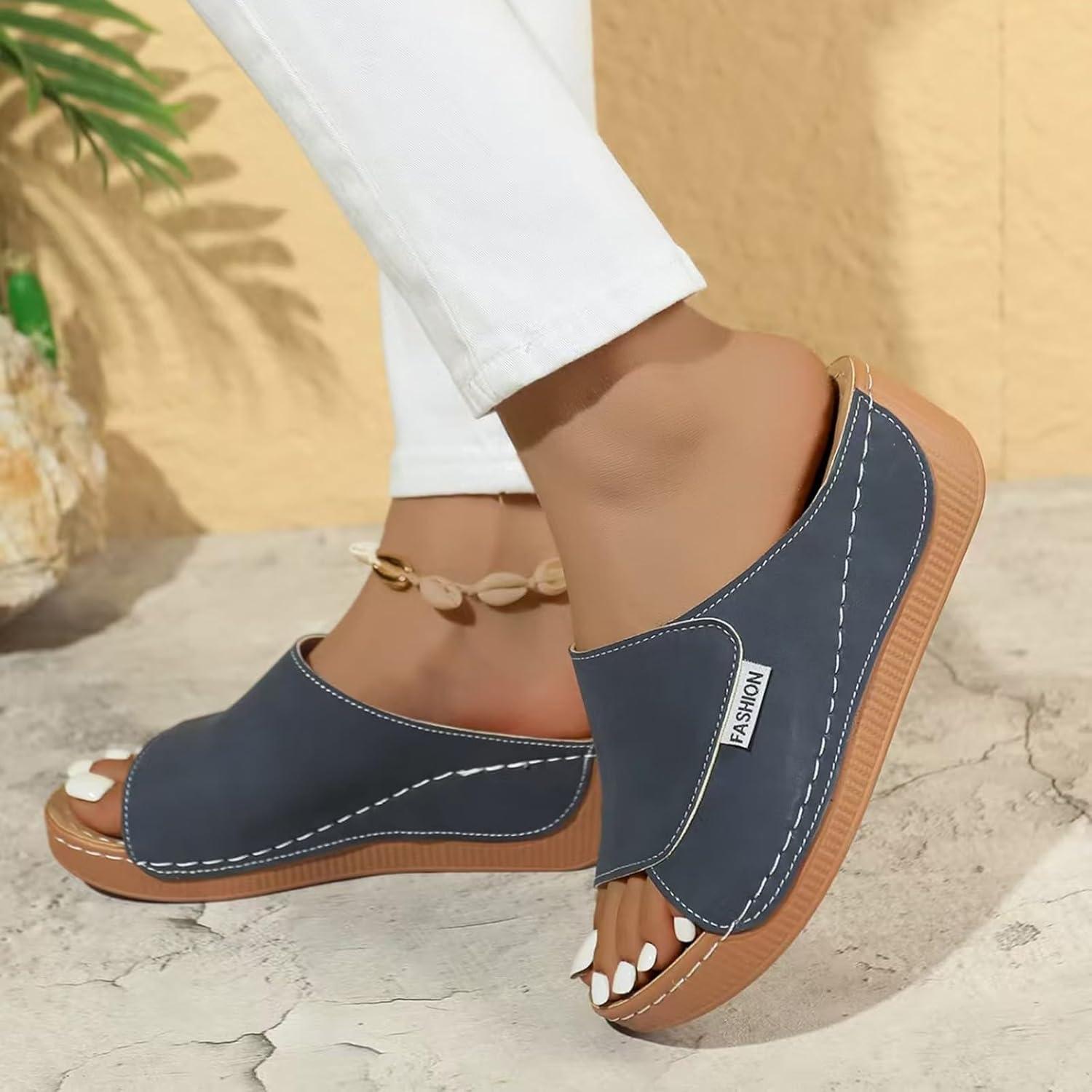 image:imageSandales Femme t Compenses Chic Orthopdique AntiDrapant Chaussure Chaussons Bout Ouvert Pantoufles Plateforme Chaussures De Plage Claquettes Lger MulesY3 Dark Blue
