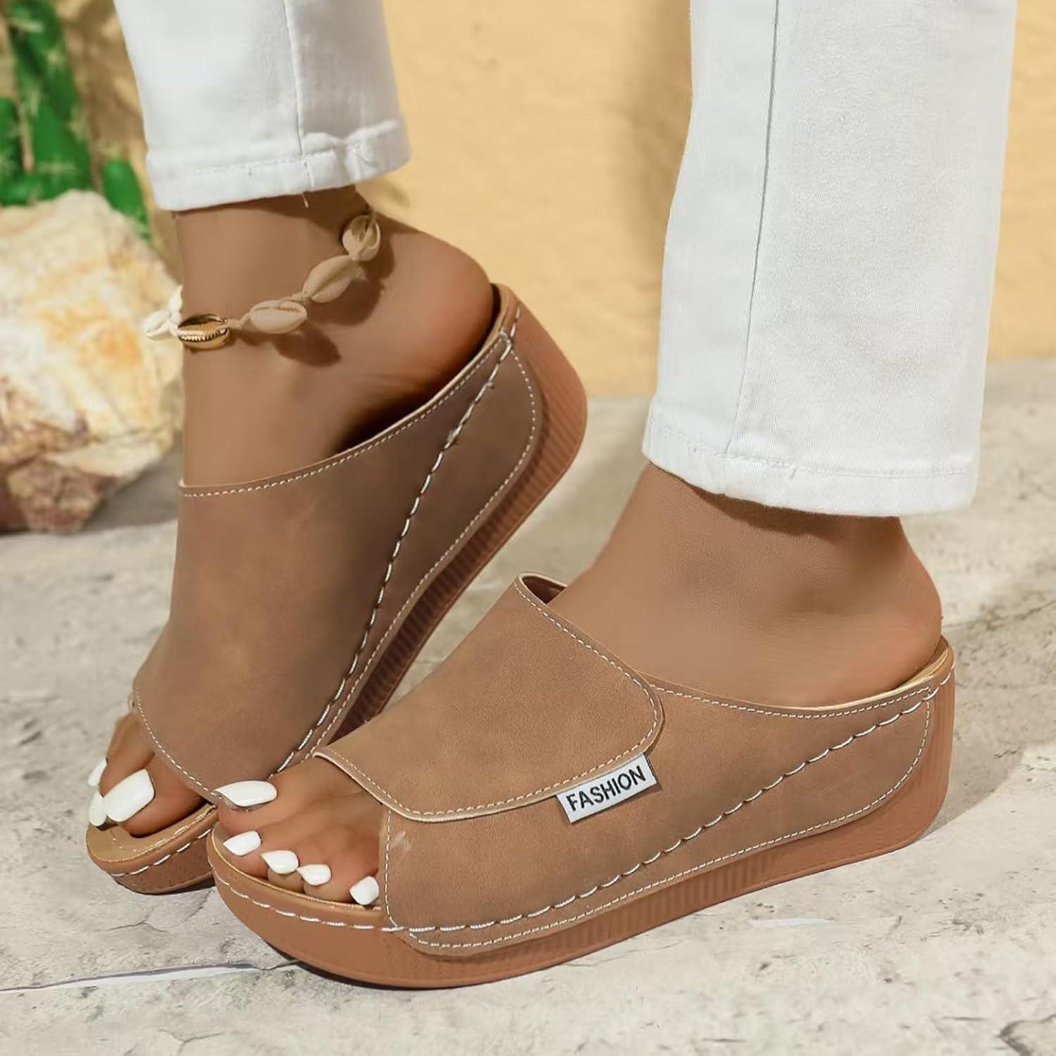 image:imageSandales Femme t Compenses Chic Orthopdique AntiDrapant Chaussure Chaussons Bout Ouvert Pantoufles Plateforme Chaussures De Plage Claquettes Lger MulesY3 Brown