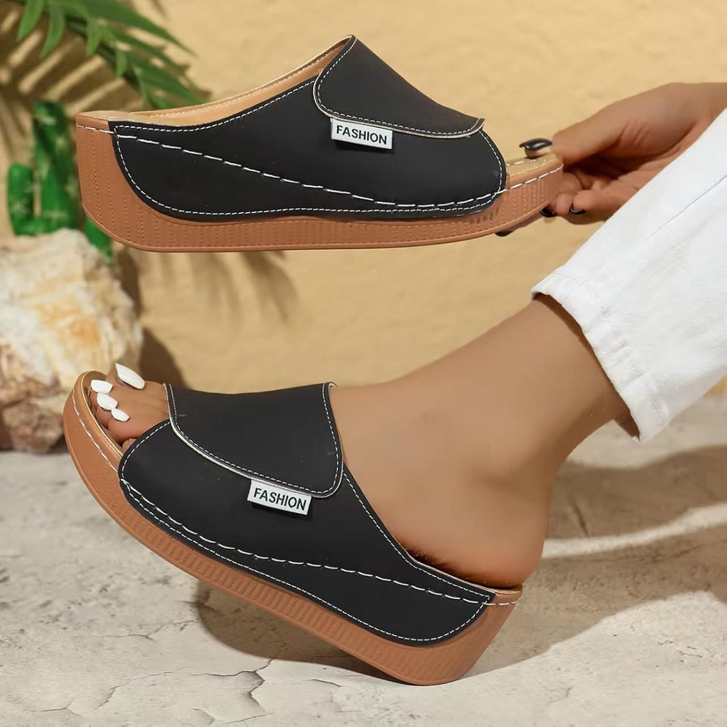 image:imageSandales Femme t Compenses Chic Orthopdique AntiDrapant Chaussure Chaussons Bout Ouvert Pantoufles Plateforme Chaussures De Plage Claquettes Lger MulesY3 Black