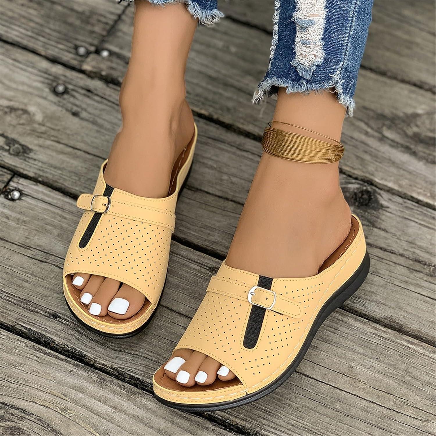 image:imageSandales Femme t Compenses Chic Orthopdique AntiDrapant Chaussure Chaussons Bout Ouvert Pantoufles Plateforme Chaussures De Plage Claquettes Lger MulesYellow