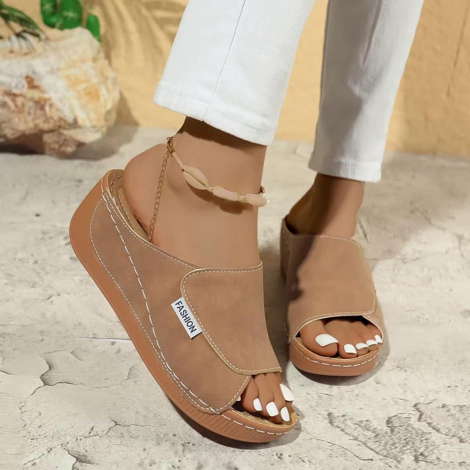 image:imageSandales Femme t Compenses Chic Orthopdique AntiDrapant Chaussure Chaussons Bout Ouvert Pantoufles Plateforme Chaussures De Plage Claquettes Lger MulesY3 Brown