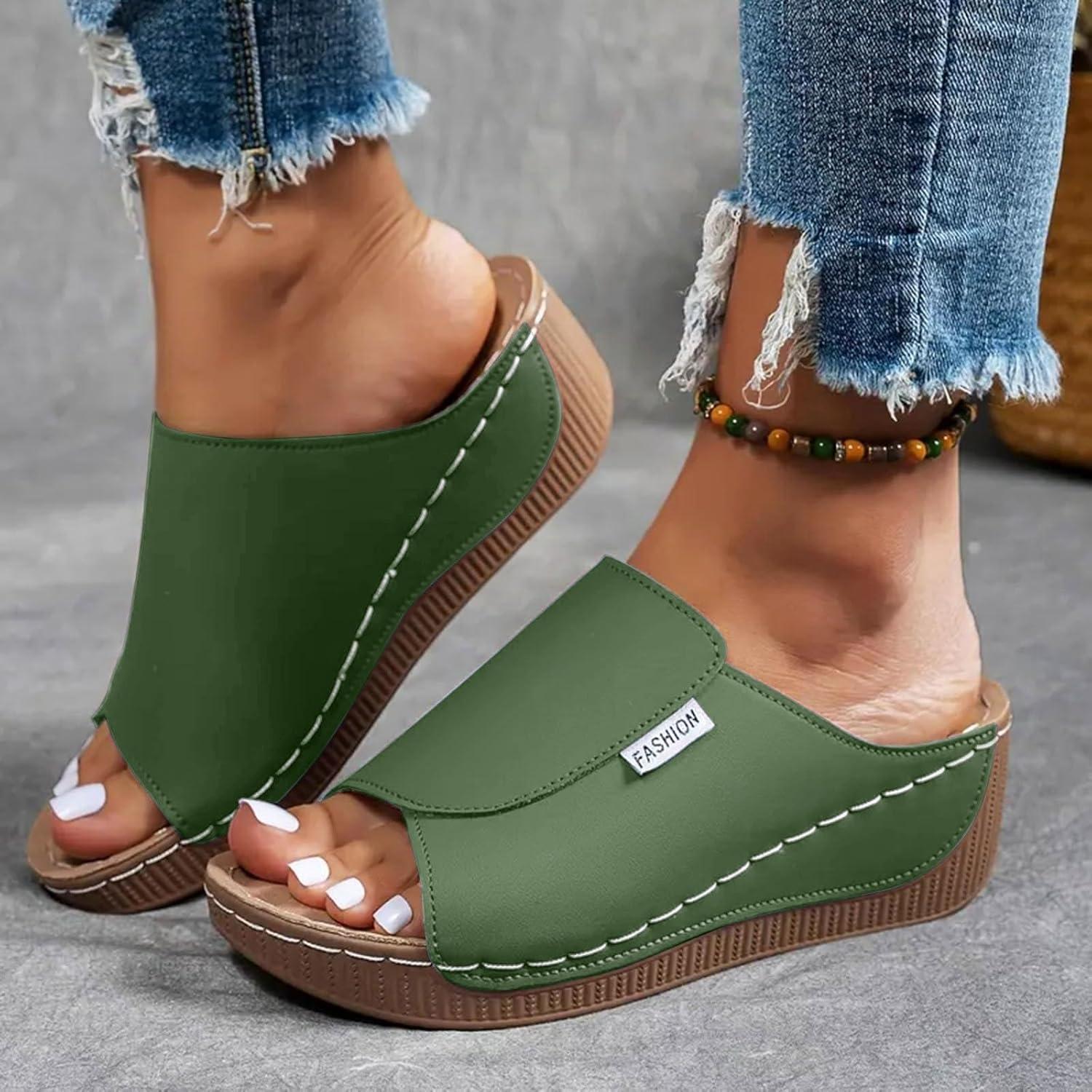 image:imageSandales Femme t Compenses Chic Orthopdique AntiDrapant Chaussure Chaussons Bout Ouvert Pantoufles Plateforme Chaussures De Plage Claquettes Lger MulesY2 Green
