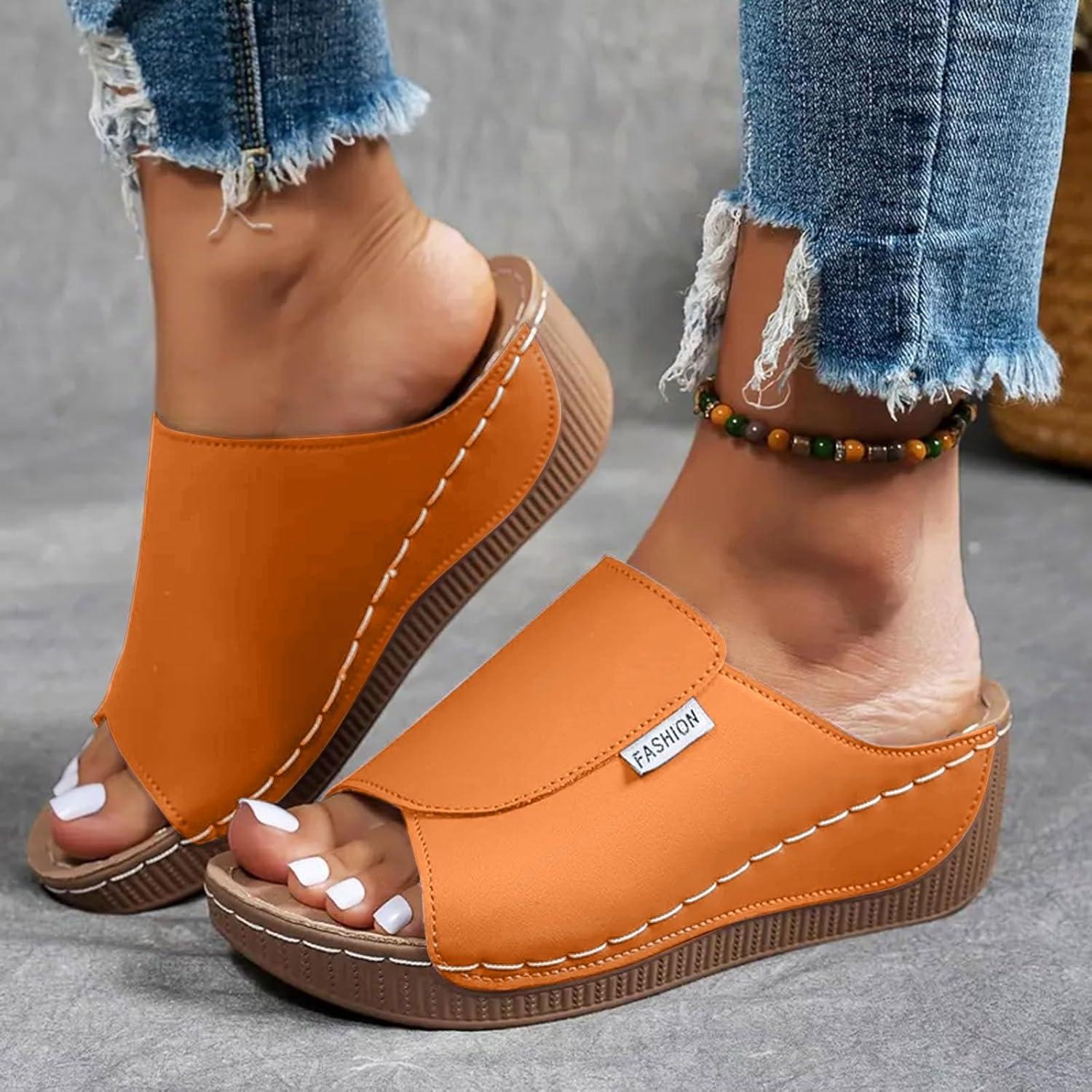 image:imageSandales Femme t Compenses Chic Orthopdique AntiDrapant Chaussure Chaussons Bout Ouvert Pantoufles Plateforme Chaussures De Plage Claquettes Lger MulesY2 Orange