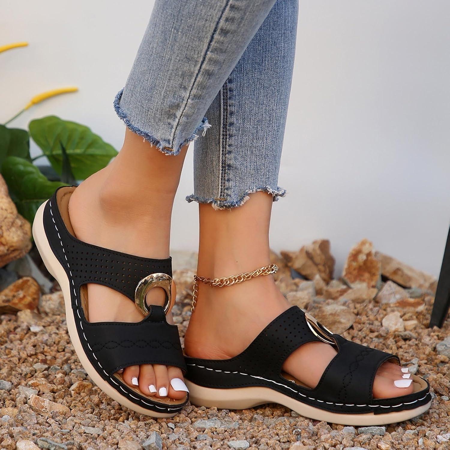 image:imageSandales Femme t Confortable Mules en Cuir pour Femmes Cadeau Sandale Mode Bout Ouvert Compenses Plateforme Pantoufles Orthopdiques Sandale Vente Flash du Jour et Soldes Chaussons de PlageLe Noir