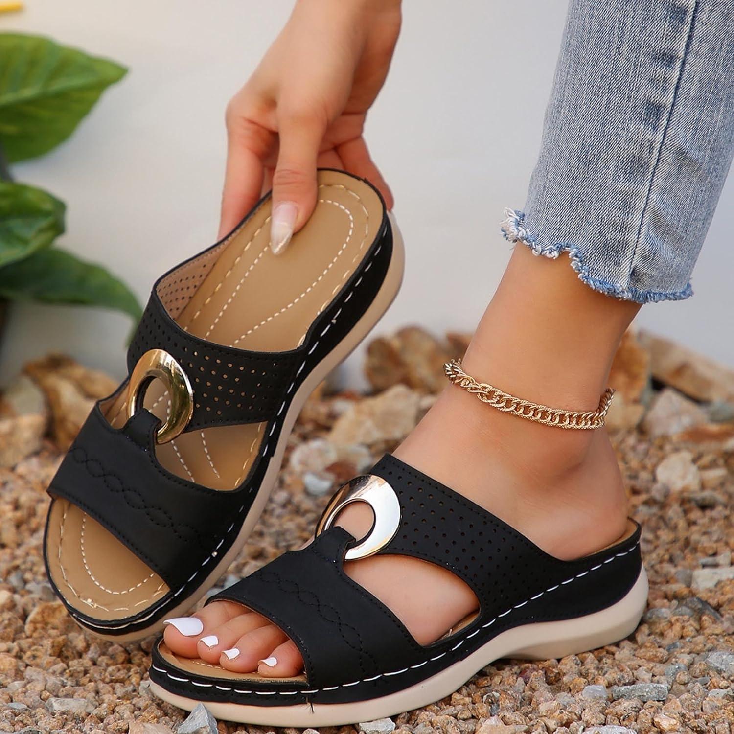 image:imageSandales Femme t Confortable Mules en Cuir pour Femmes Cadeau Sandale Mode Bout Ouvert Compenses Plateforme Pantoufles Orthopdiques Sandale Vente Flash du Jour et Soldes Chaussons de PlageLe Noir
