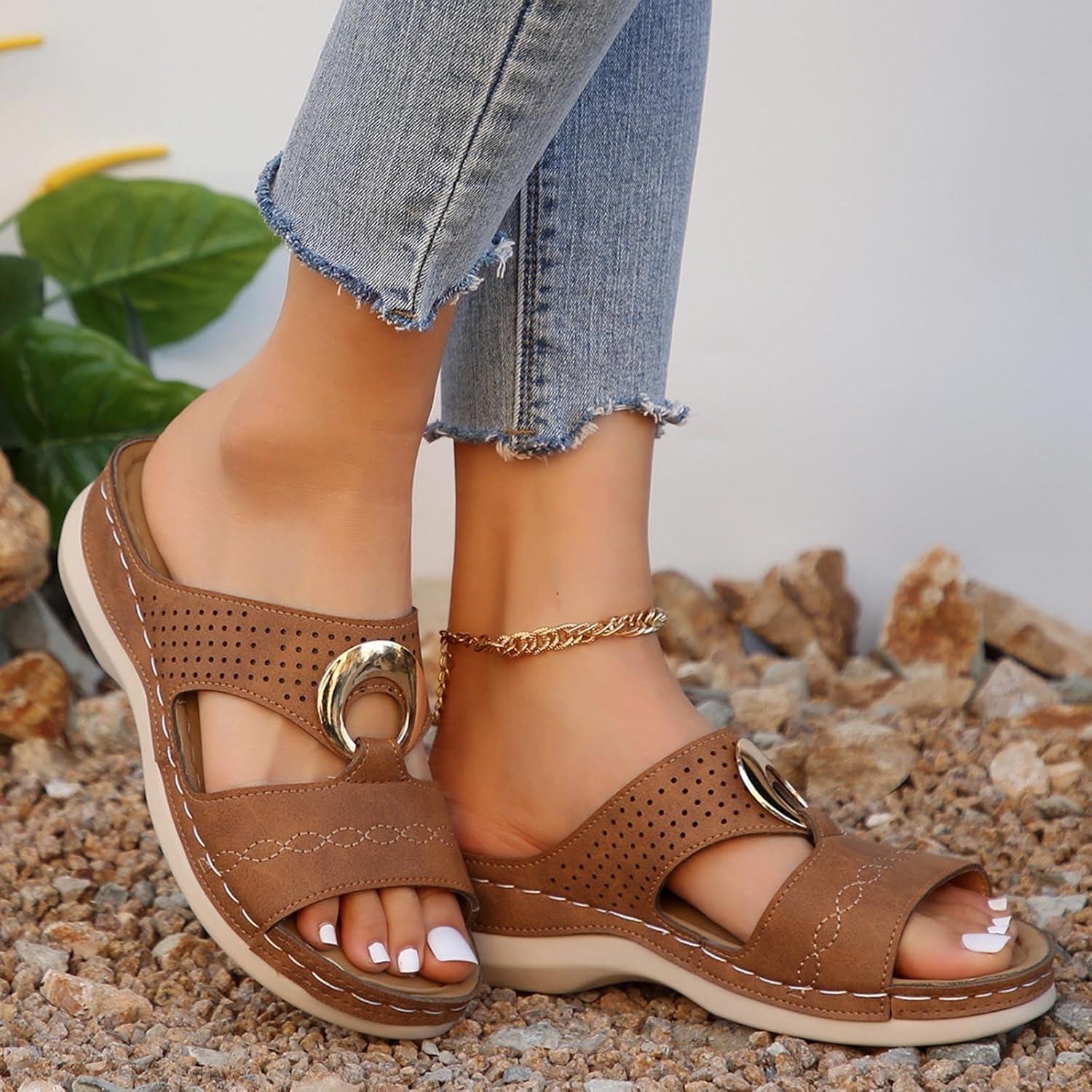 image:imageSandales Femme t Confortable Mules en Cuir pour Femmes Cadeau Sandale Mode Bout Ouvert Compenses Plateforme Pantoufles Orthopdiques Sandale Vente Flash du Jour et Soldes Chaussons de PlageBrun