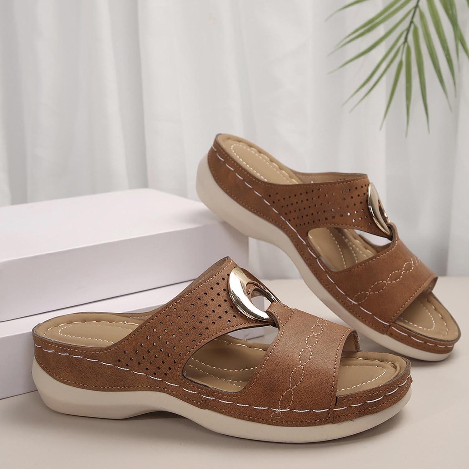 image:imageSandales Femme t Confortable Mules en Cuir pour Femmes Cadeau Sandale Mode Bout Ouvert Compenses Plateforme Pantoufles Orthopdiques Sandale Vente Flash du Jour et Soldes Chaussons de PlageBrun
