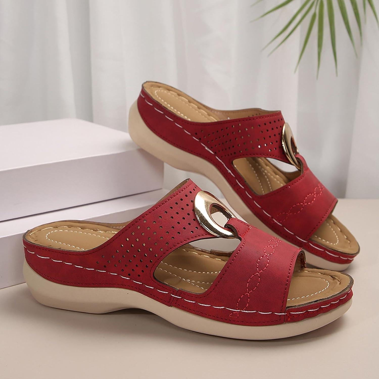 image:imageSandales Femme t Confortable Mules en Cuir pour Femmes Cadeau Sandale Mode Bout Ouvert Compenses Plateforme Pantoufles Orthopdiques Sandale Vente Flash du Jour et Soldes Chaussons de PlageRouge
