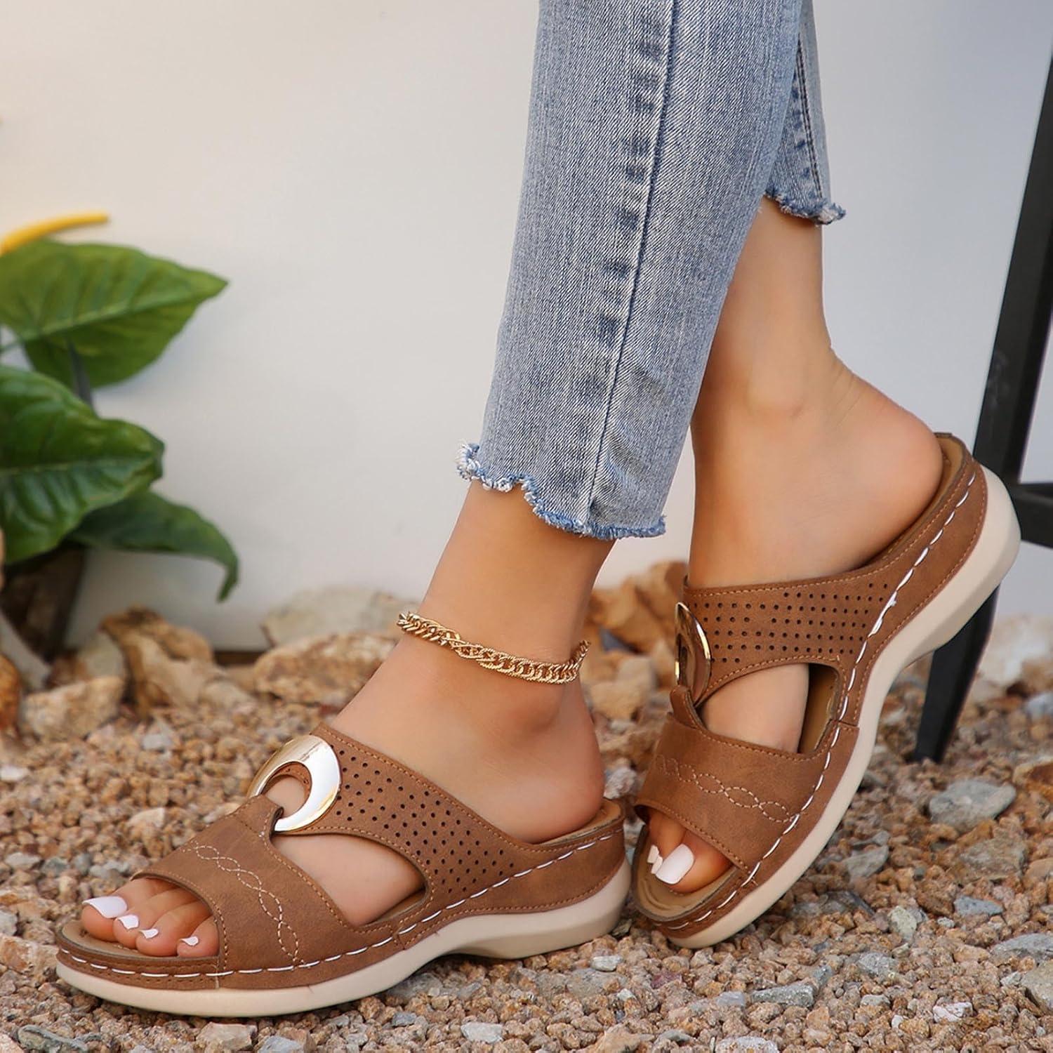 image:imageSandales Femme t Confortable Mules en Cuir pour Femmes Cadeau Sandale Mode Bout Ouvert Compenses Plateforme Pantoufles Orthopdiques Sandale Vente Flash du Jour et Soldes Chaussons de PlageBrun