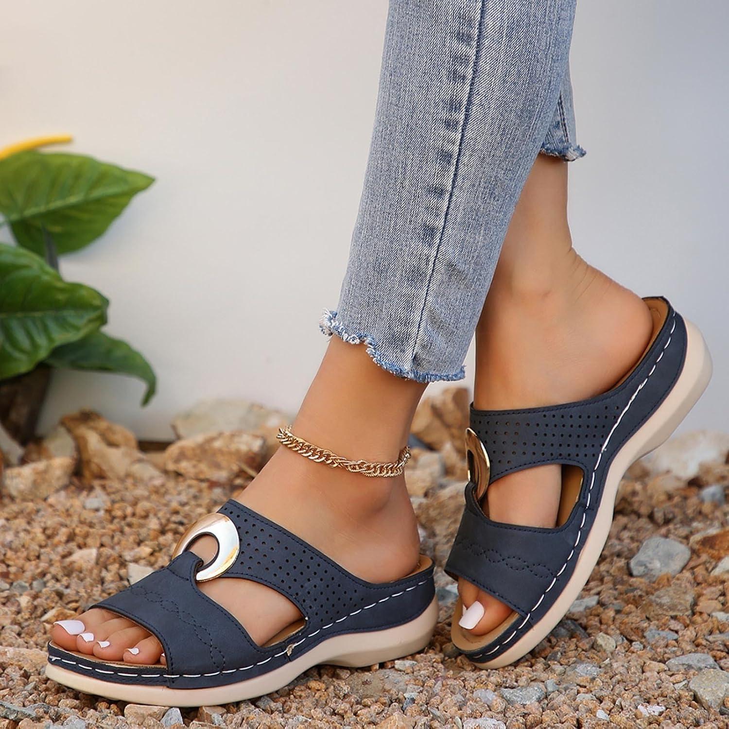 image:imageSandales Femme t Confortable Mules en Cuir pour Femmes Cadeau Sandale Mode Bout Ouvert Compenses Plateforme Pantoufles Orthopdiques Sandale Vente Flash du Jour et Soldes Chaussons de PlageBleu