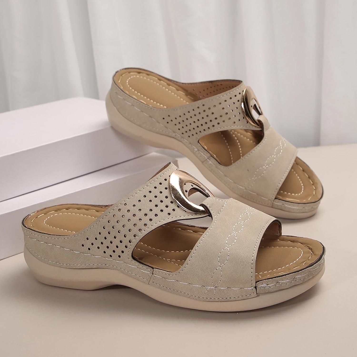 image:imageSandales Femme t Confortable Mules en Cuir pour Femmes Cadeau Sandale Mode Bout Ouvert Compenses Plateforme Pantoufles Orthopdiques Sandale Vente Flash du Jour et Soldes Chaussons de PlageKaki