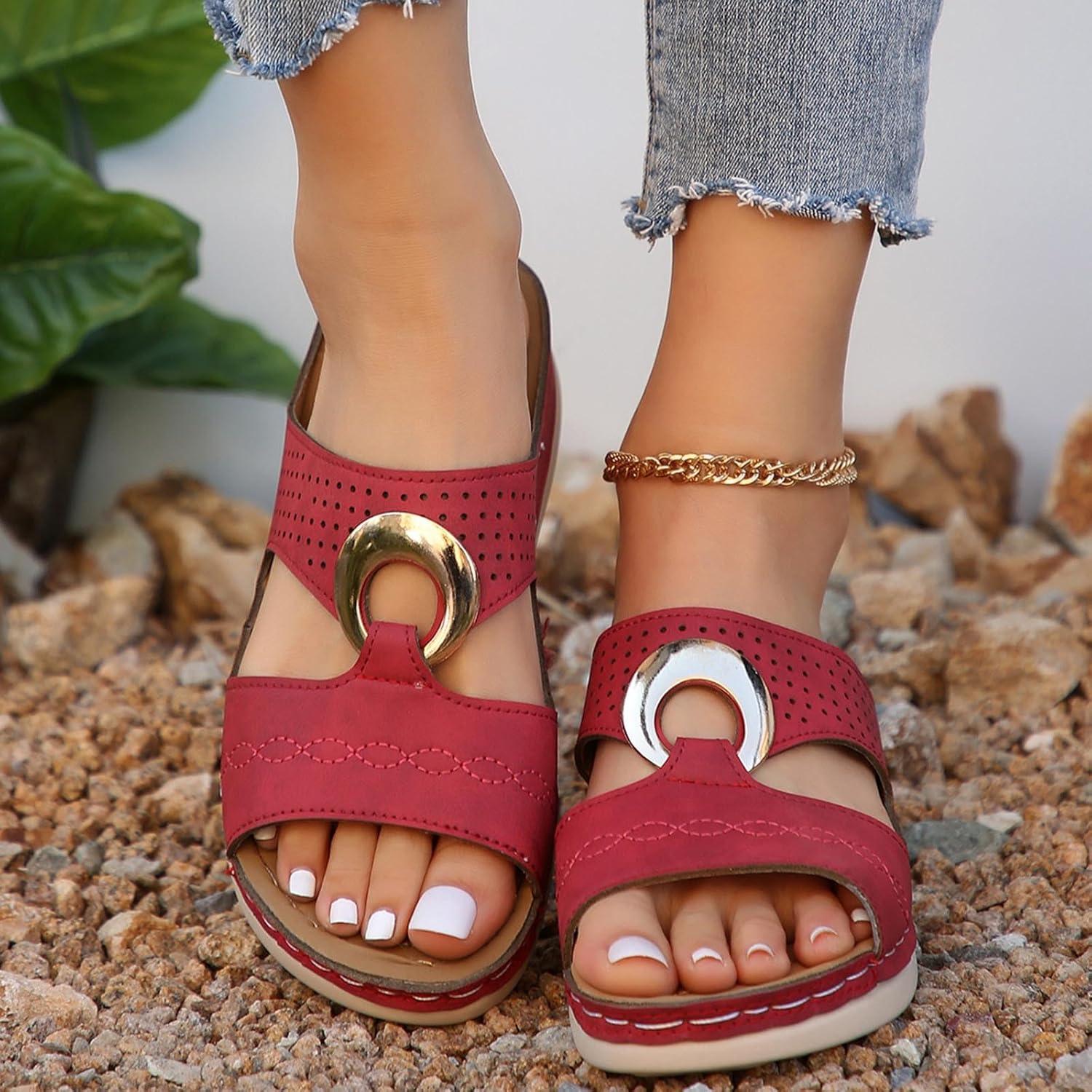 image:imageSandales Femme t Confortable Mules en Cuir pour Femmes Cadeau Sandale Mode Bout Ouvert Compenses Plateforme Pantoufles Orthopdiques Sandale Vente Flash du Jour et Soldes Chaussons de PlageRouge