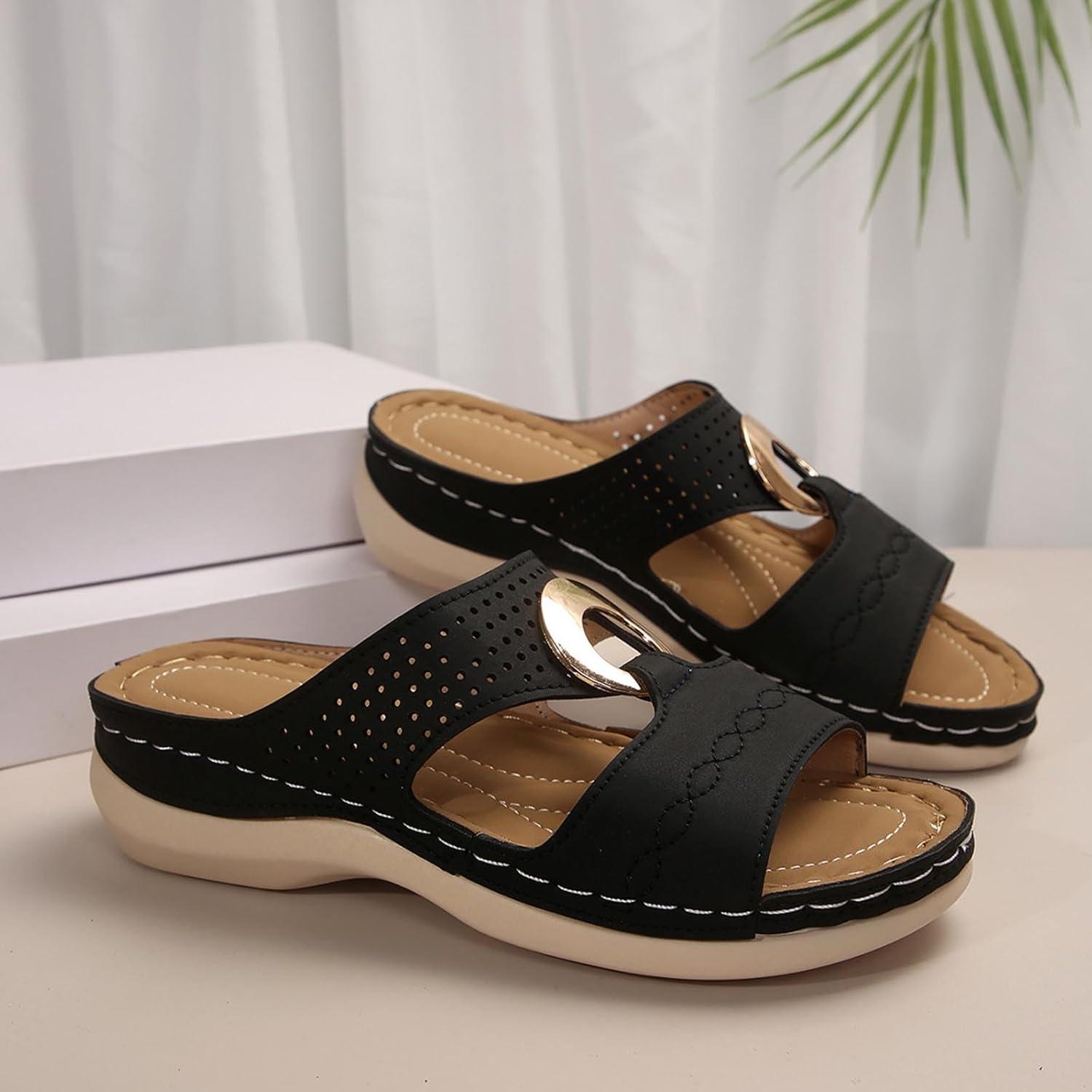 image:imageSandales Femme t Confortable Mules en Cuir pour Femmes Cadeau Sandale Mode Bout Ouvert Compenses Plateforme Pantoufles Orthopdiques Sandale Vente Flash du Jour et Soldes Chaussons de PlageLe Noir