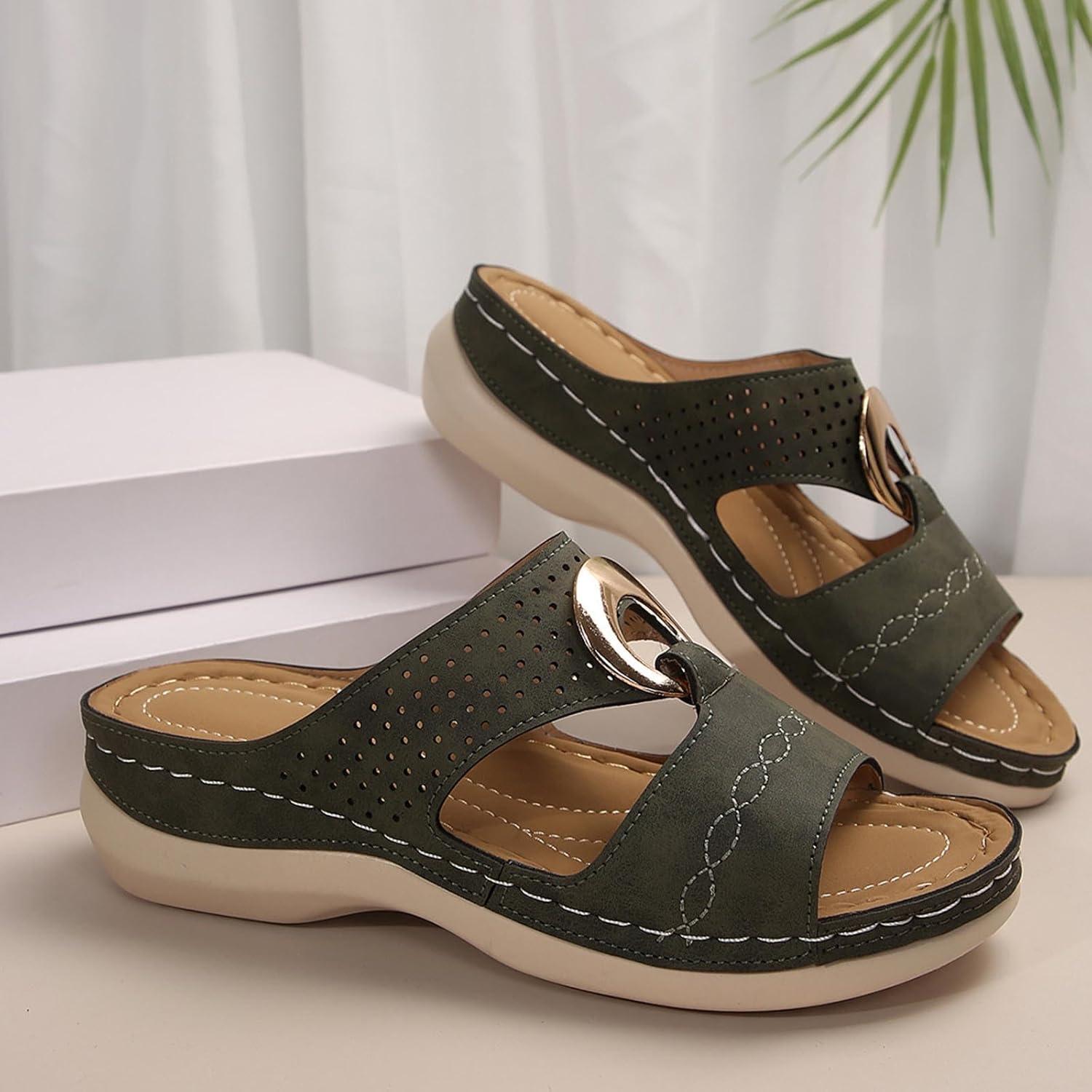 image:imageSandales Femme t Confortable Mules en Cuir pour Femmes Cadeau Sandale Mode Bout Ouvert Compenses Plateforme Pantoufles Orthopdiques Sandale Vente Flash du Jour et Soldes Chaussons de PlageVert