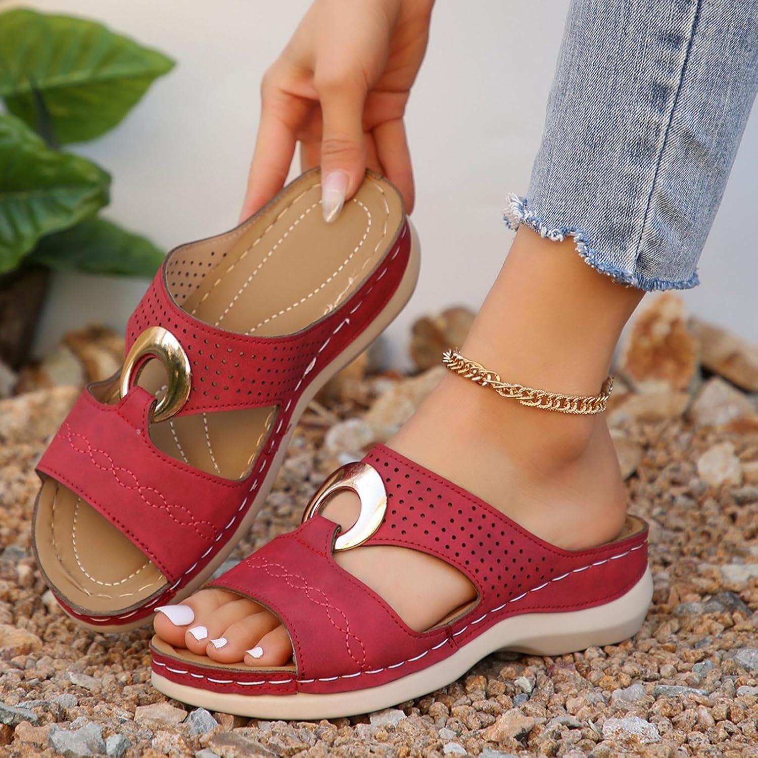 image:imageSandales Femme t Confortable Mules en Cuir pour Femmes Cadeau Sandale Mode Bout Ouvert Compenses Plateforme Pantoufles Orthopdiques Sandale Vente Flash du Jour et Soldes Chaussons de PlageRouge