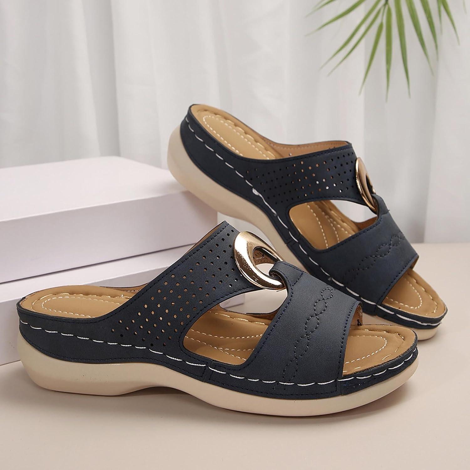 image:imageSandales Femme t Confortable Mules en Cuir pour Femmes Cadeau Sandale Mode Bout Ouvert Compenses Plateforme Pantoufles Orthopdiques Sandale Vente Flash du Jour et Soldes Chaussons de PlageBleu