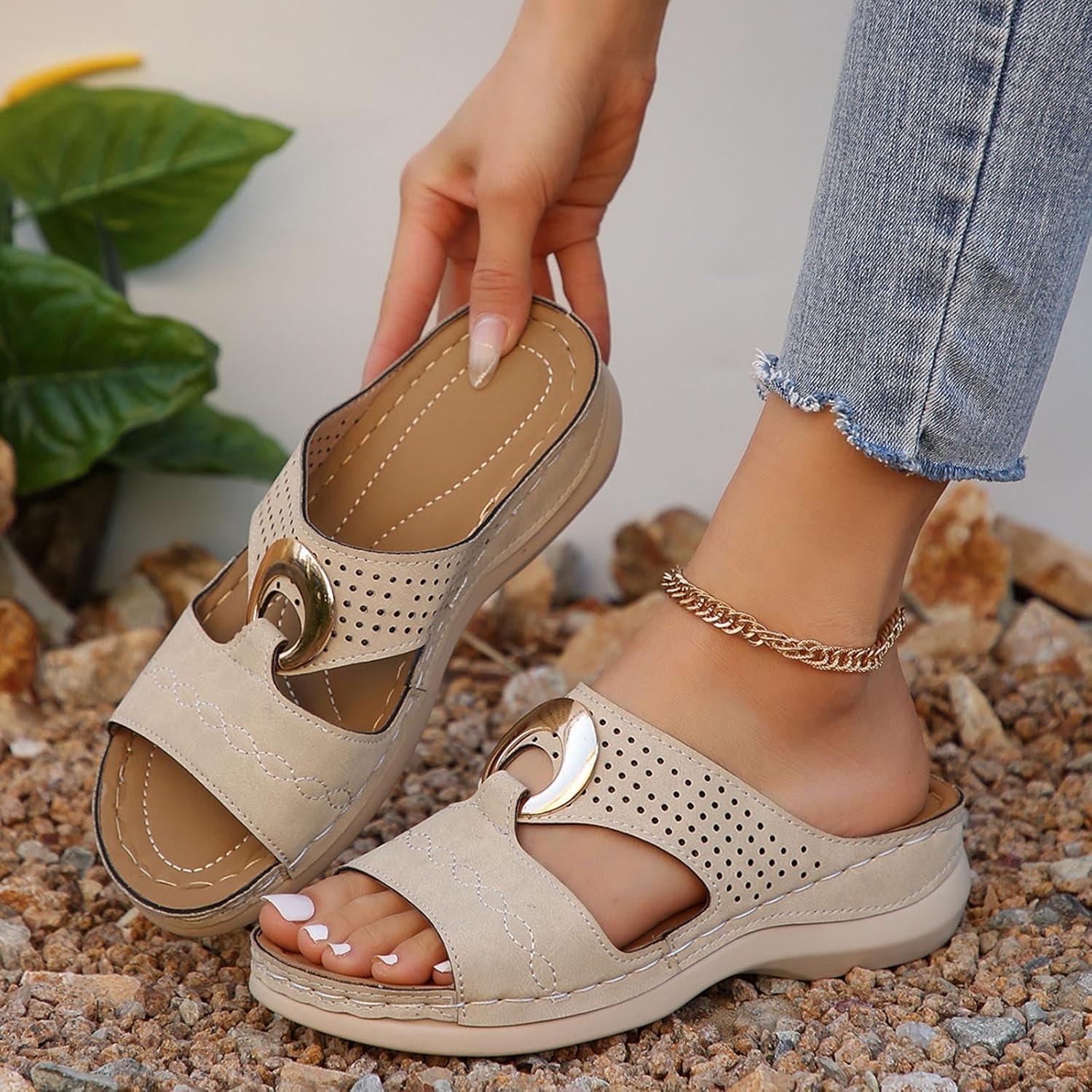 image:imageSandales Femme t Confortable Mules en Cuir pour Femmes Cadeau Sandale Mode Bout Ouvert Compenses Plateforme Pantoufles Orthopdiques Sandale Vente Flash du Jour et Soldes Chaussons de PlageKaki