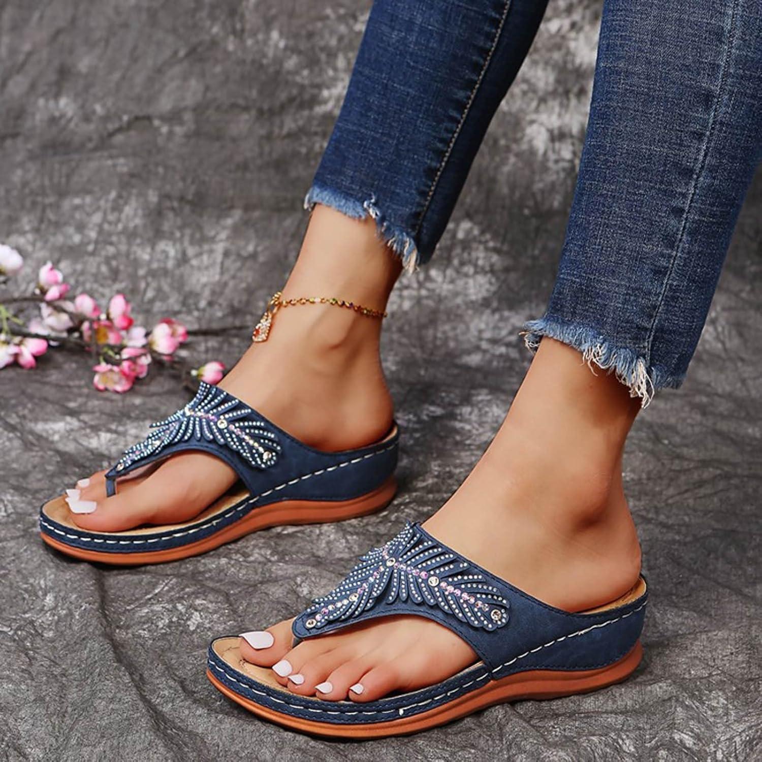 image:imageSandales Femmes t Sandales Antidrapantes Respirantes Bohme Bout Ouvert Sandales Orthopdique Confortables Plateforme Chaussures Sandales Femme t Confortable avec Talon Bloc De Marche FemmeBleu B