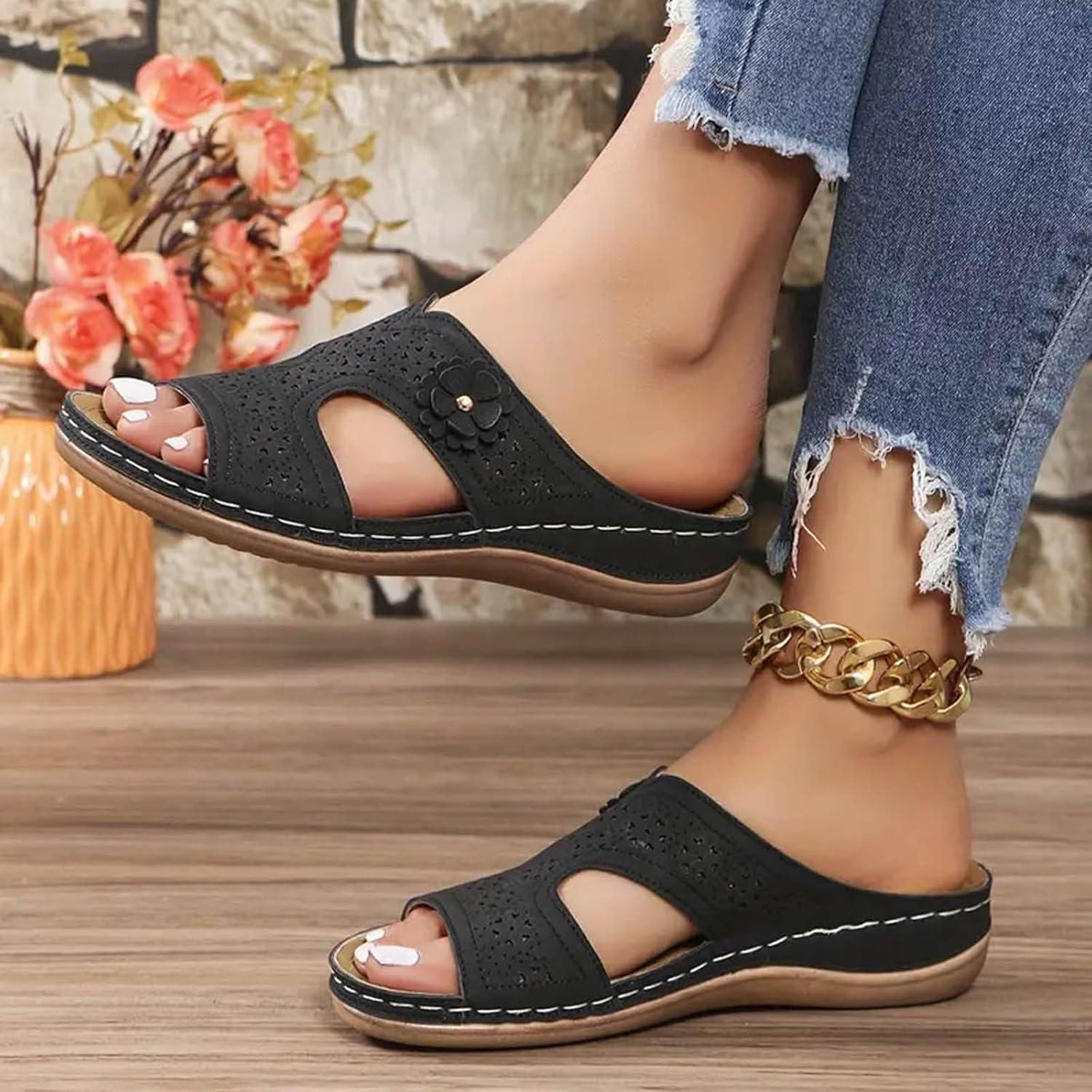 image:imageSandales Femmes t Sandales Antidrapantes Respirantes Bohme Bout Ouvert Sandales Orthopdique Confortables Plateforme Chaussures Sandales Femme t Confortable avec Talon Bloc De Marche FemmeLe Noir C