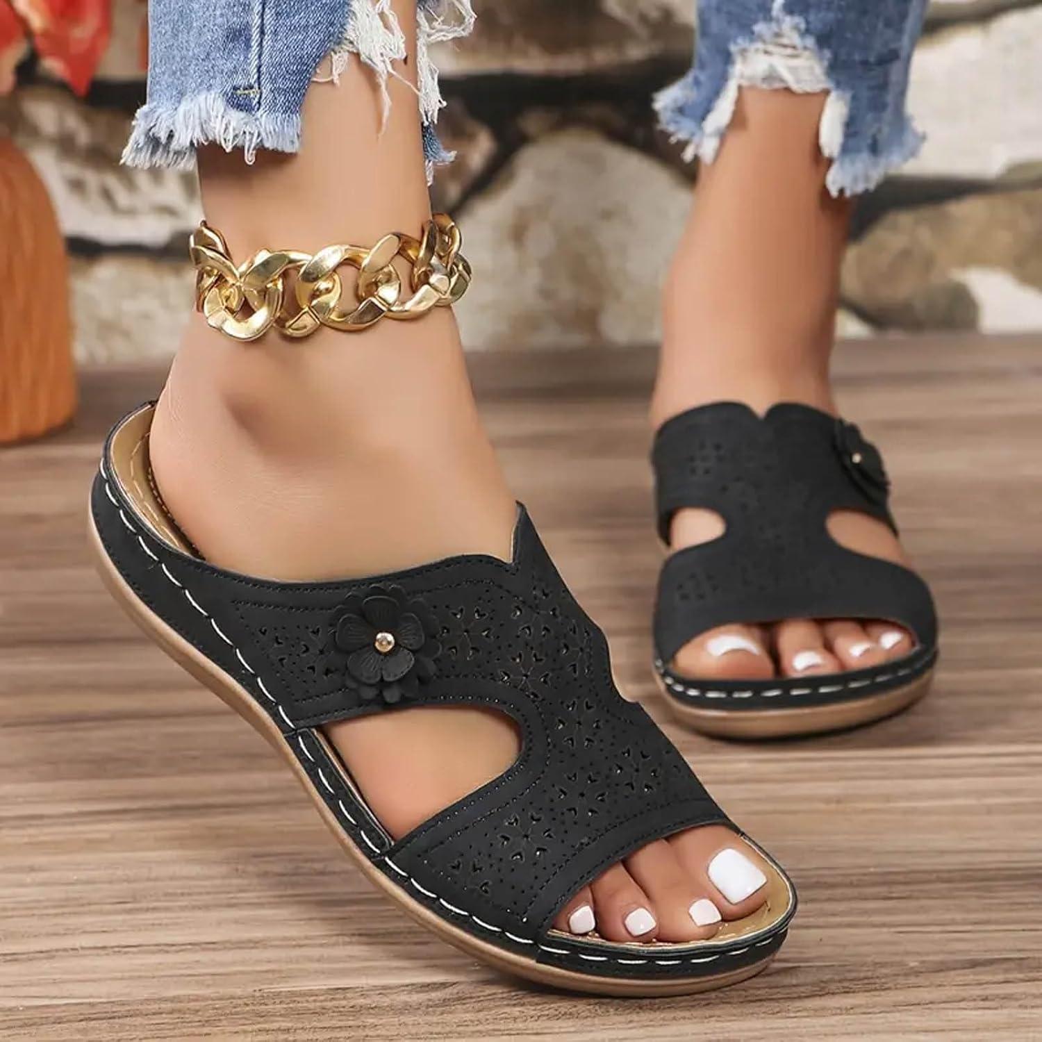 image:imageSandales Femmes t Sandales Antidrapantes Respirantes Bohme Bout Ouvert Sandales Orthopdique Confortables Plateforme Chaussures Sandales Femme t Confortable avec Talon Bloc De Marche FemmeLe Noir C
