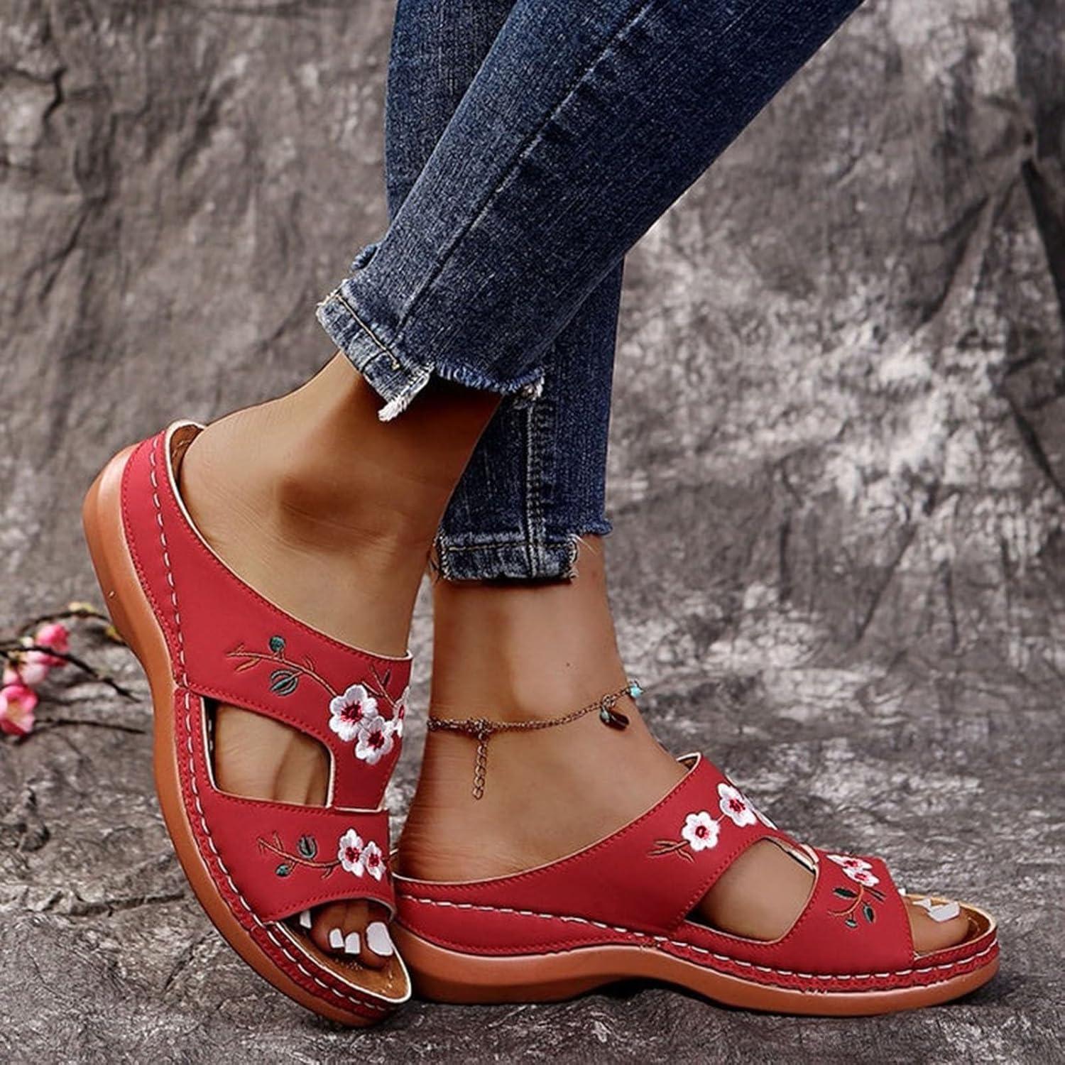 image:imageSandales Femmes t Sandales Antidrapantes Respirantes Bohme Bout Ouvert Sandales Orthopdique Confortables Plateforme Chaussures Sandales Femme t Confortable avec Talon Bloc De Marche FemmeRouge E