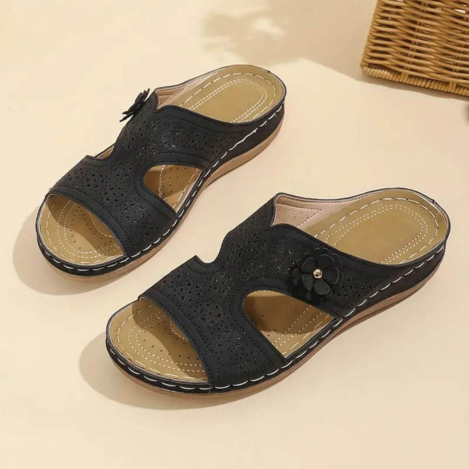image:imageSandales Femmes t Sandales Antidrapantes Respirantes Bohme Bout Ouvert Sandales Orthopdique Confortables Plateforme Chaussures Sandales Femme t Confortable avec Talon Bloc De Marche FemmeLe Noir C
