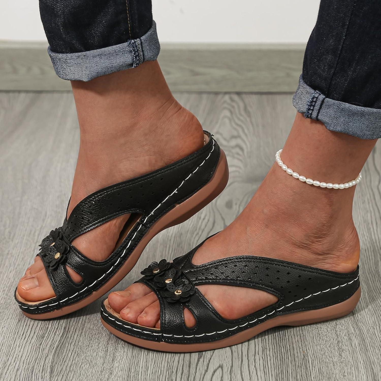 image:imageSandales Femmes t Sandales Antidrapantes Respirantes Bohme Bout Ouvert Sandales Orthopdique Confortables Plateforme Chaussures Sandales Femme t Confortable avec Talon Bloc De Marche FemmeLe Noir A