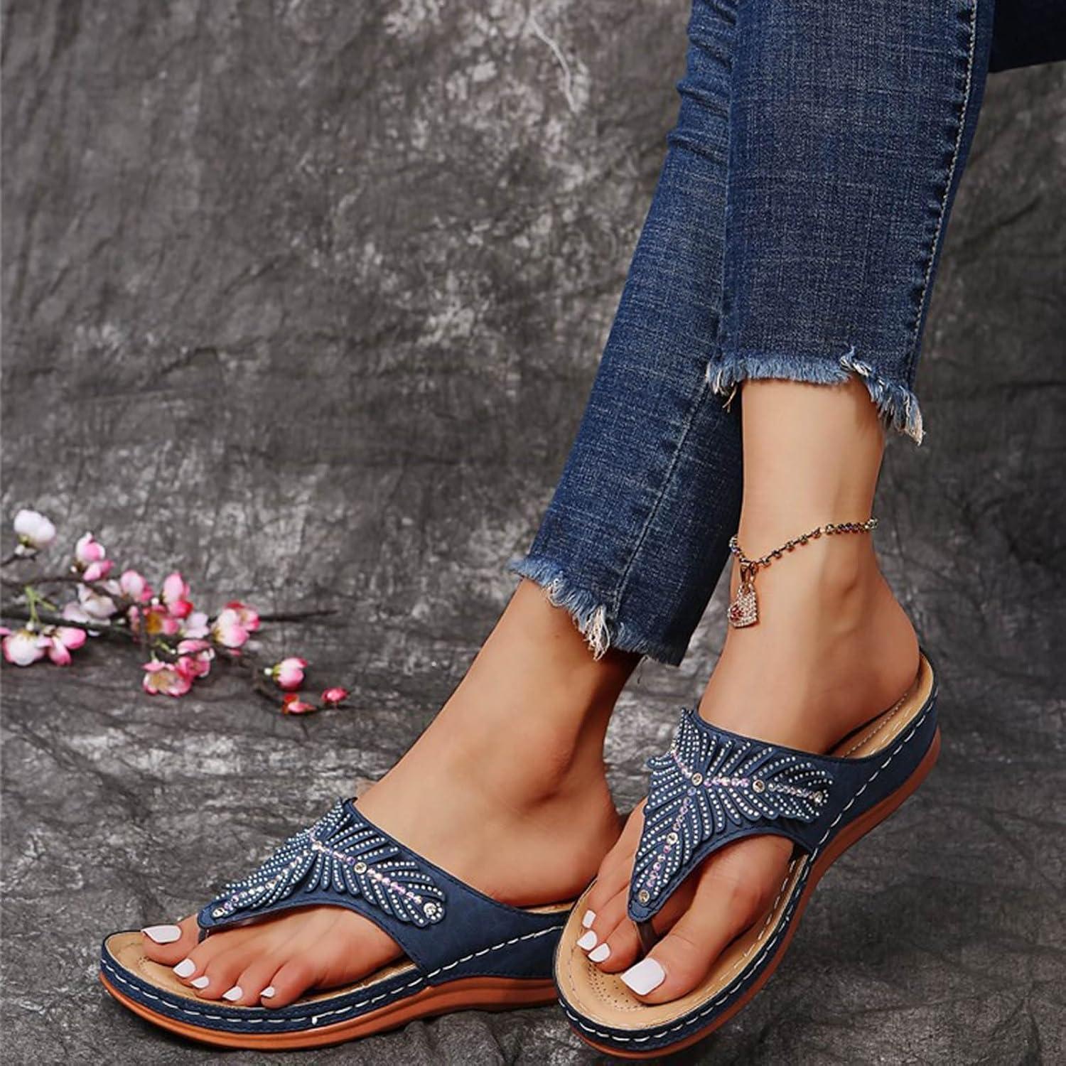 image:imageSandales Femmes t Sandales Antidrapantes Respirantes Bohme Bout Ouvert Sandales Orthopdique Confortables Plateforme Chaussures Sandales Femme t Confortable avec Talon Bloc De Marche FemmeBleu B